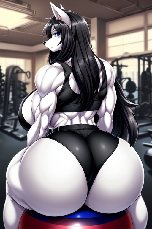 ai_generated anthro black_hair blue_eyes furry gym gym_ball gym_shirt gym_shorts long_hair luni_the_wolf muscle_girl muscular_female weights wolf_ears wolf_girl wolf_tail