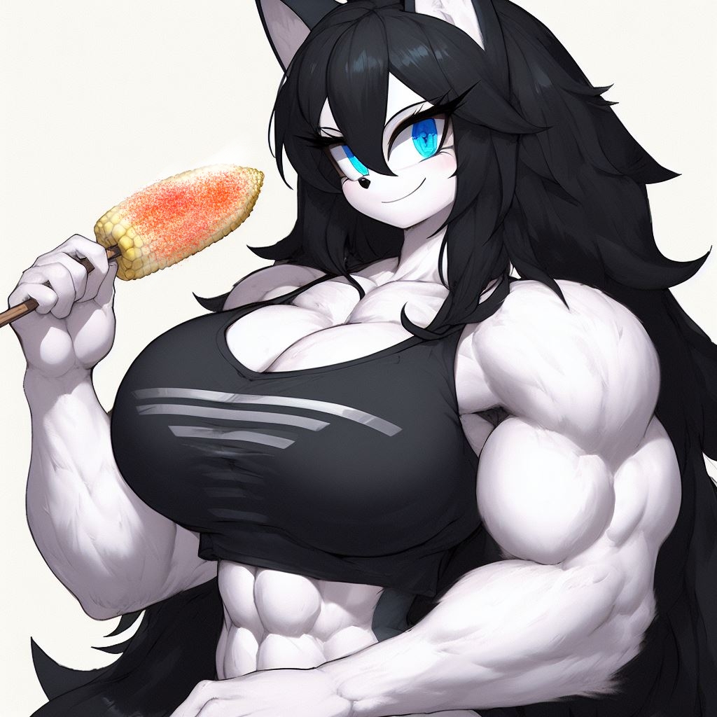 abs ai_generated anthro black_hair blue_eyes corn food long_hair luni_the_wolf muscle_girl muscular_female white_background white_body white_fur wolf_ears wolf_girl wolf_tail