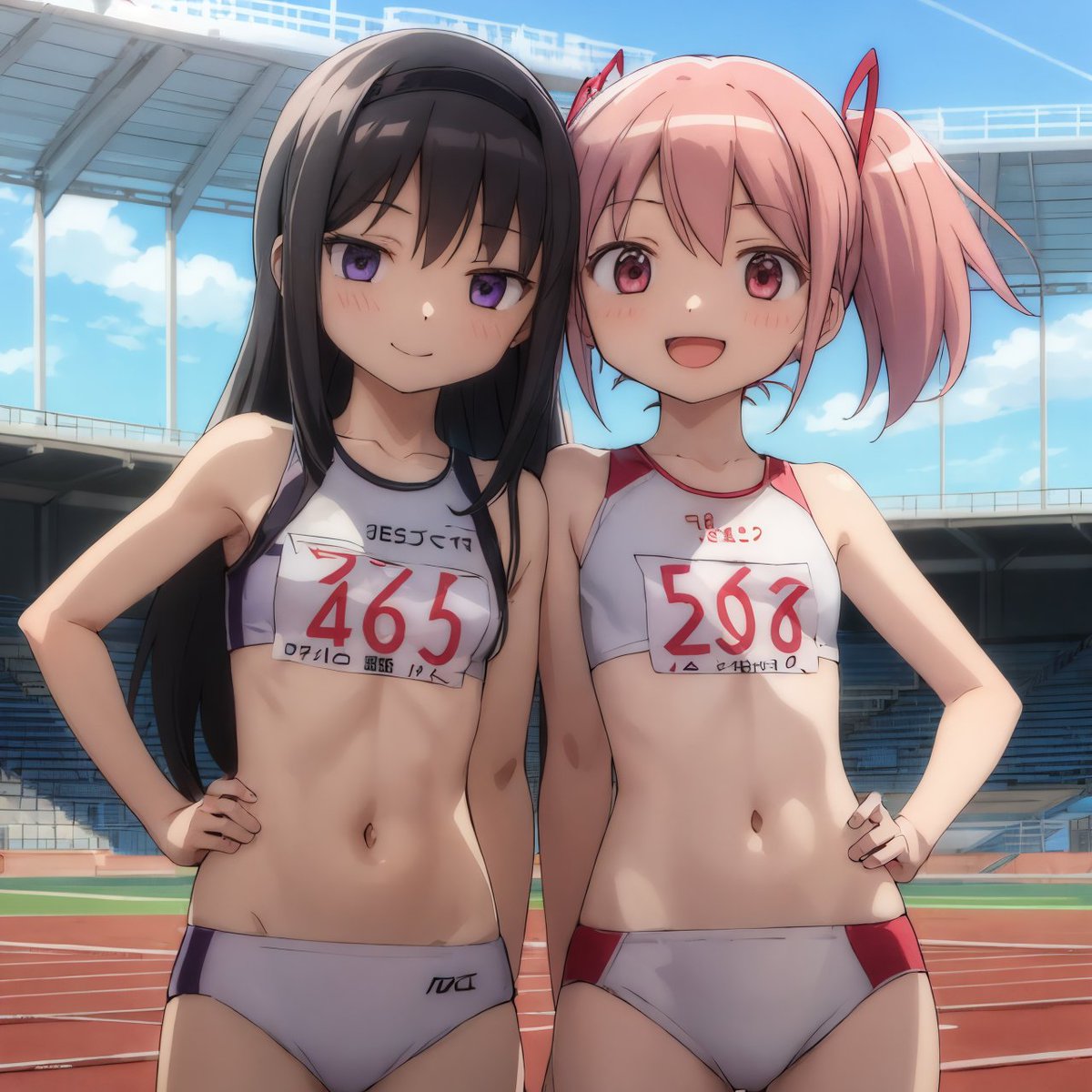 2023, 2girls, ai generated, akemi homura, athletic, belly, belly button, black hair, breasts, clouds, collarbone, female, hand on hip, long hair, looking at viewer, madoka kaname, mahou shoujo madoka magica, outdoors, pink eyes, pink hair, puella magi madoka magica, purple eyes, smile, solo, stadium, stadium background, toned, track and field