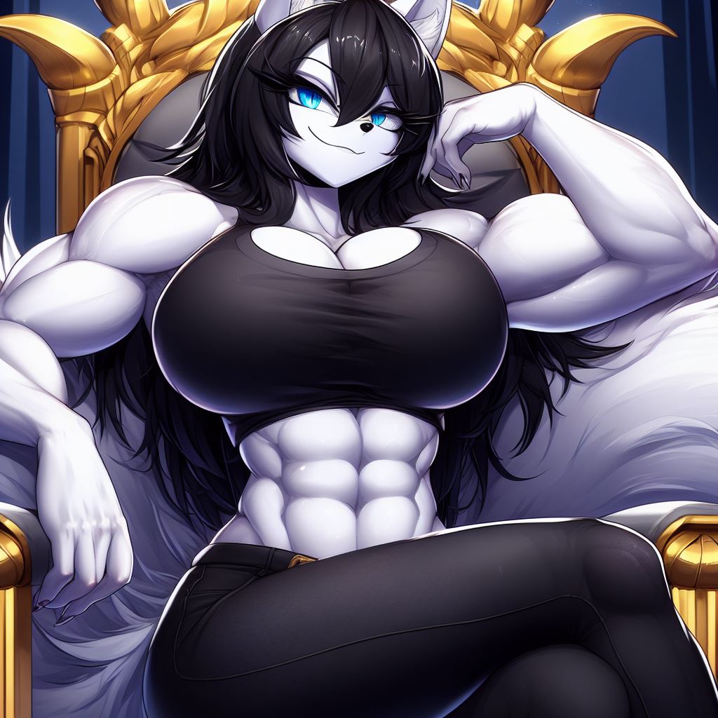 ai_generated anthro black_hair blue_eyes fingernails fluffy fluffy_tail furry inner_ear_fluff long_hair luni_the_wolf muscle_girl muscular_female on_throne sharp_fingernails sitting_on_throne smile tail throne white_body white_fur wolf_ears wolf_girl wolf_tail