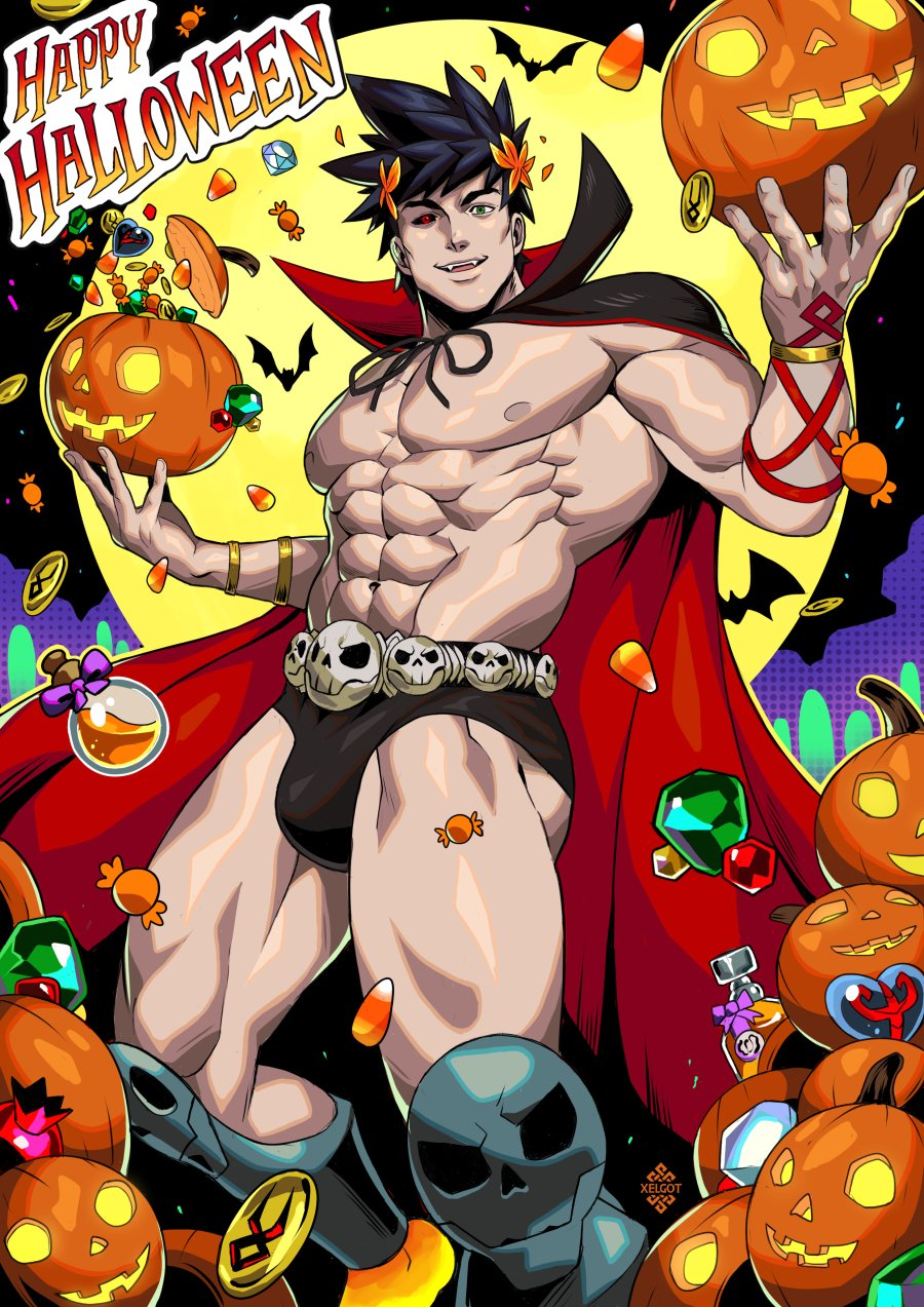 1boy 2023 bara barazoku bulge costume gay hades_(game) halloween halloween_costume holidays jack-o'-lantern jack_o'_lantern looking_at_viewer male male_focus male_nipples male_only manly muscular_male nipples penis_outline pumpkin solo solo_male underwear vampire xelgot yaoi zagreus