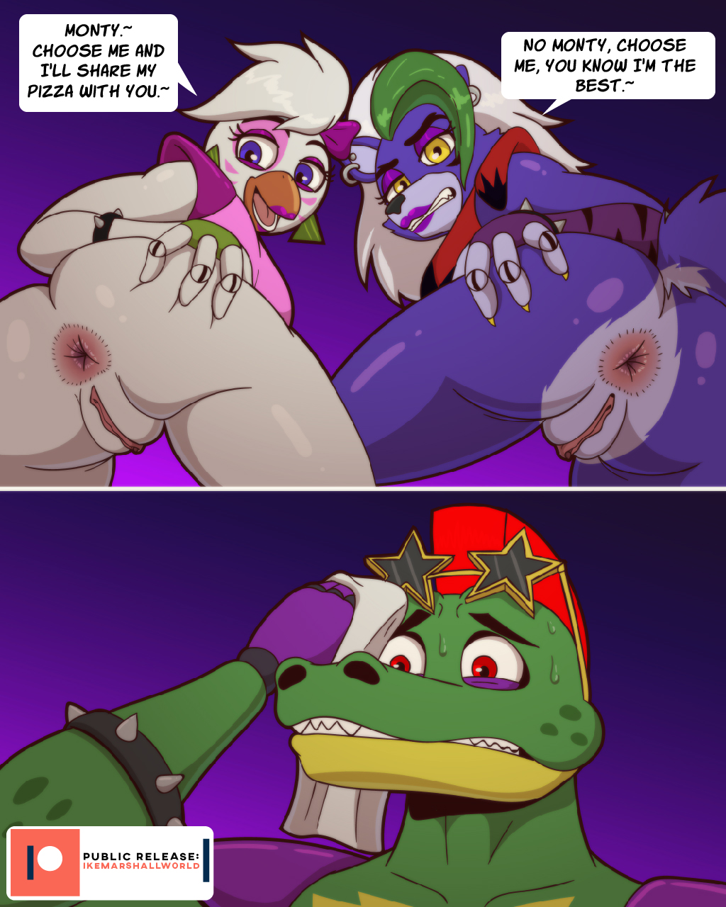 2022 4:5 alligator alligatorid anthro anus ass avian bird bodily_fluids canid canine canis chicken clothing comic crocodilian dialogue digital_media_(artwork) drying_face english_text eyewear female five_nights_at_freddy's five_nights_at_freddy's:_security_breach galliform gallus_(genus) genitals glamrock_chica_(fnaf) glasses group hand_on_butt hi_res ike_marshall male mammal meme montgomery_gator_(fnaf) phasianid presenting presenting_anus presenting_hindquarters pussy reptile roxanne_wolf_(fnaf) scalie scottgames speech_bubble spread_butt spreading steel_wool_studios sweat take_your_pick text tissue trio wolf