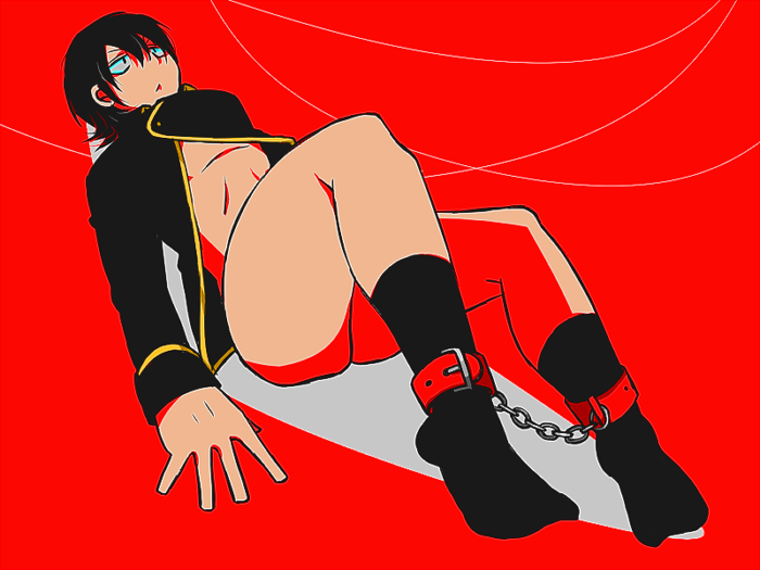 ankle_cuffs black_hair black_rabbit_pyonta bottomless chained chained_ankles chains full_body gintama male male_only on_back open_jacket police_officer police_uniform red_background restrained shinsengumi_(gintama) solo thick_thighs yamazaki_sagaru