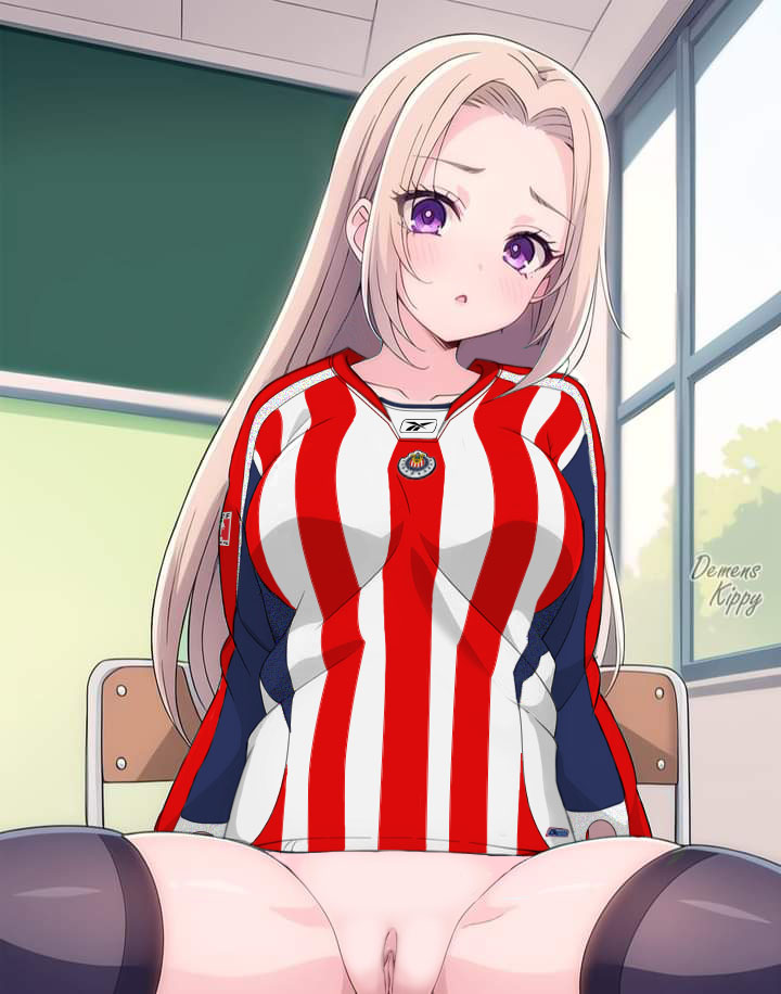 ai_generated black_thighhighs blonde_hair bottomless club_deportivo_guadalajara long_hair long_sleeves looking_at_viewer nekom14 purple_eyes pussy reebok sitting_on_chair soccer soccer_jersey spread_legs