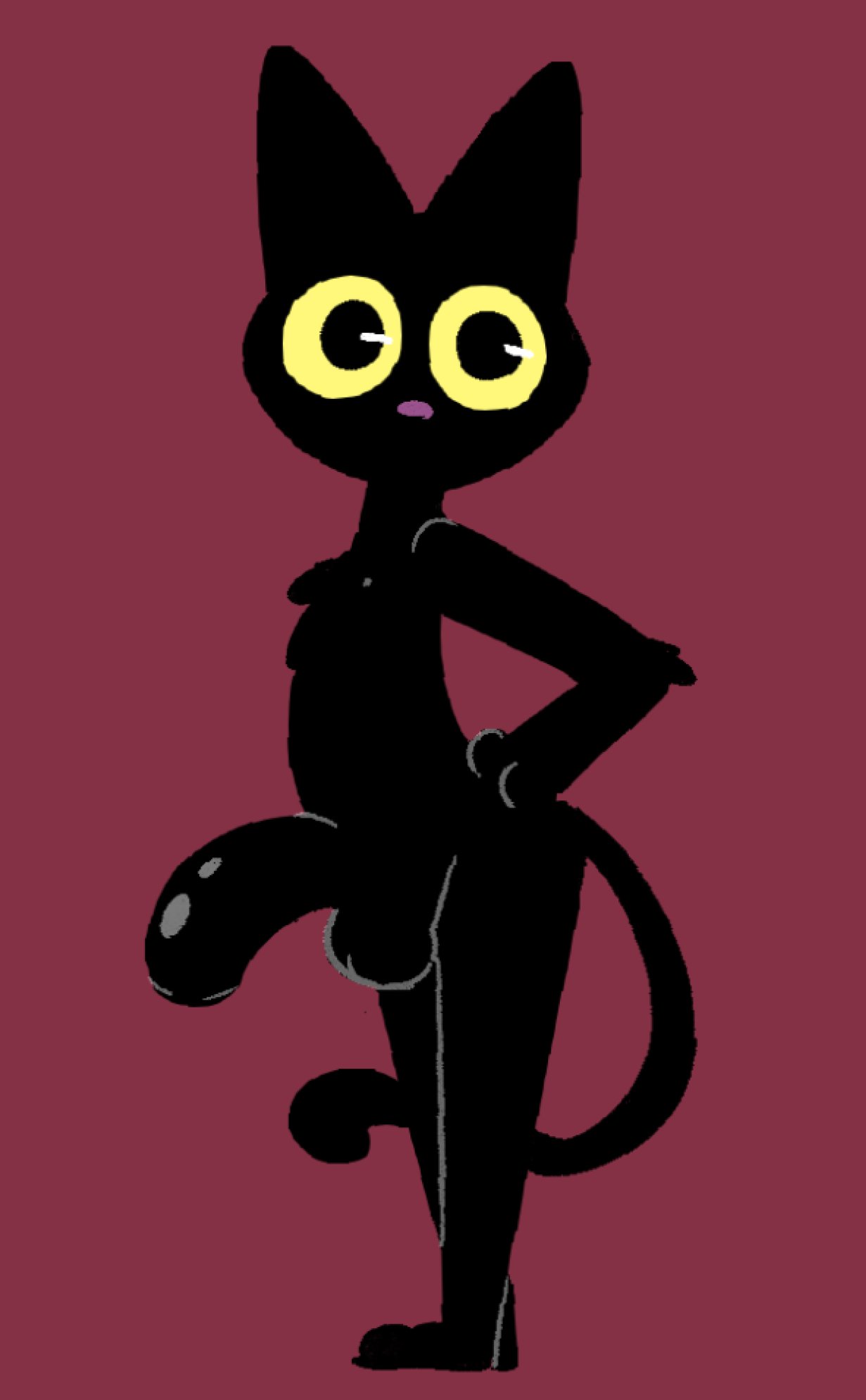 ambiguous_gender anthro balls biped black_body black_eyes black_fur domestic_cat felid feline felis fur genitals half-erect hi_res looking_at_viewer mammal penis red_background silly_imp simple_background solo yellow_eyes