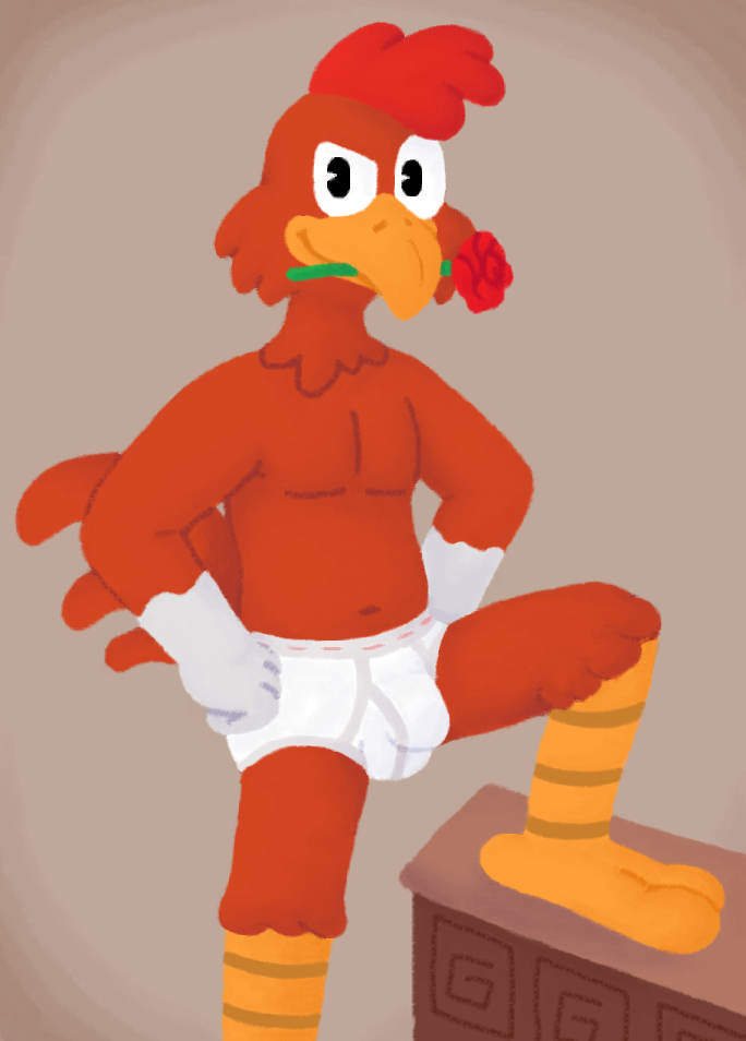 anthro avian barefoot beak bird black_eyes briefs briefs_only brown_background bulge chicken clothed clothing detailed_background disney feathers feet flower flower_in_mouth galliform gallus_(genus) gramy male male_only orange_beak orange_feet orange_legs panchito_pistoles phasianid plant red_body red_feathers rose_(flower) rose_in_mouth seductive simple_background smile solo tighty_whities topless underwear underwear_only white_briefs white_clothing white_underwear