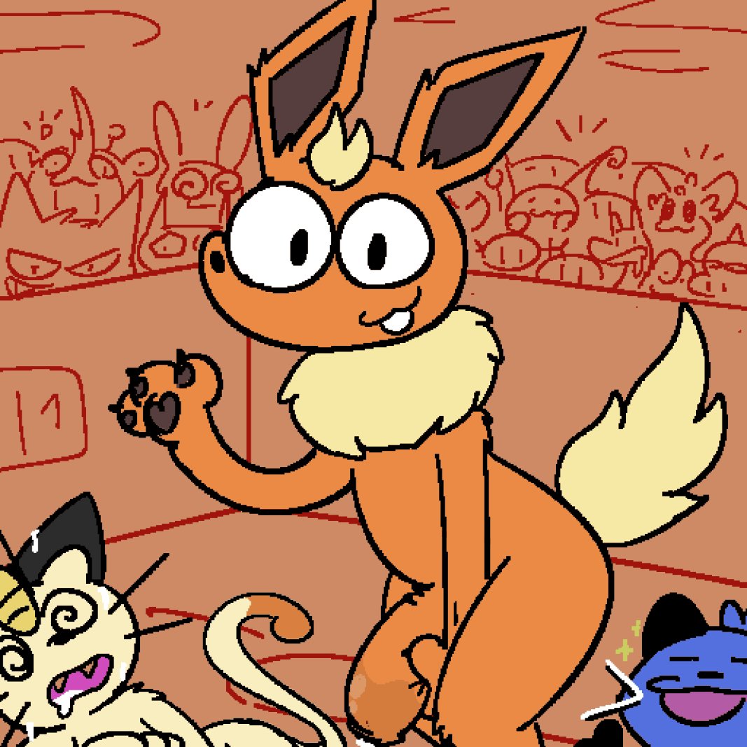 1:1 anthro balls biped blue_body bodily_fluids cum eeveelution flareon fur generation_1_pokemon genital_fluids genitals group half-erect looking_at_viewer male nintendo orange_body orange_fur penis pokemon pokemon_(species) silly_imp tan_body tan_fur