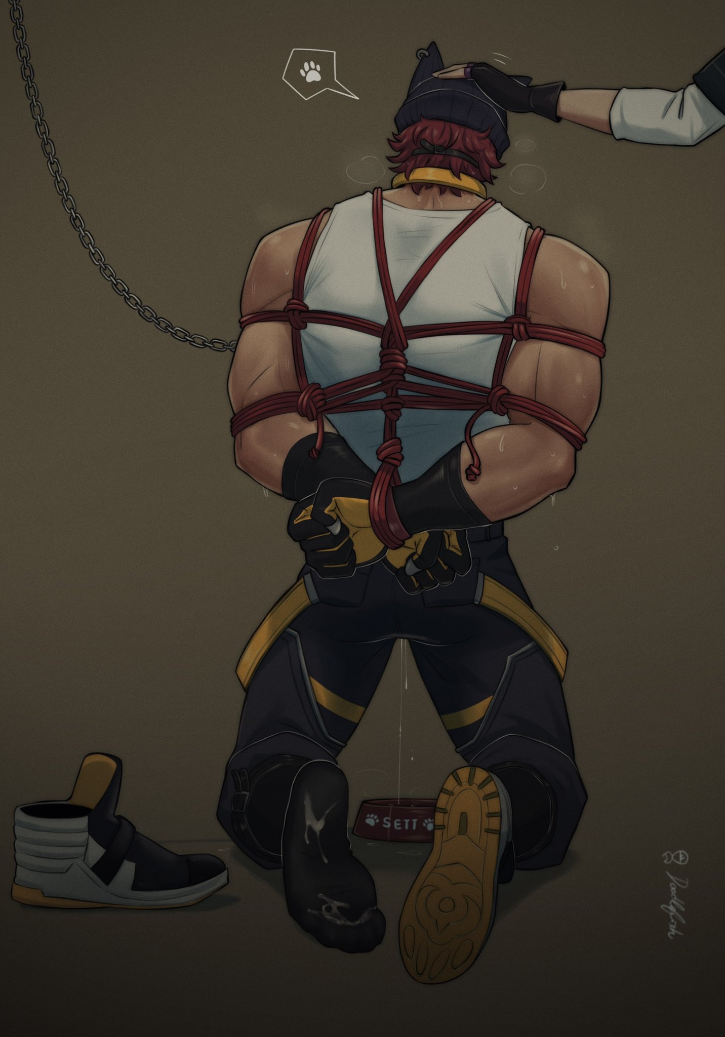 1boy, 1other, ambiguous gender, aphelios, artist logo, artist name, bara, bondage, collar, disembodied hand, doodlefish75, gay, gay domination, gay male, heartsteel series, heartsteel sett, human, league of legends, male, male focus, male only, muscles, muscular, muscular male, no visible genitalia, petplay, puppyplay, rope harness, sett, unseen male face, yaoi