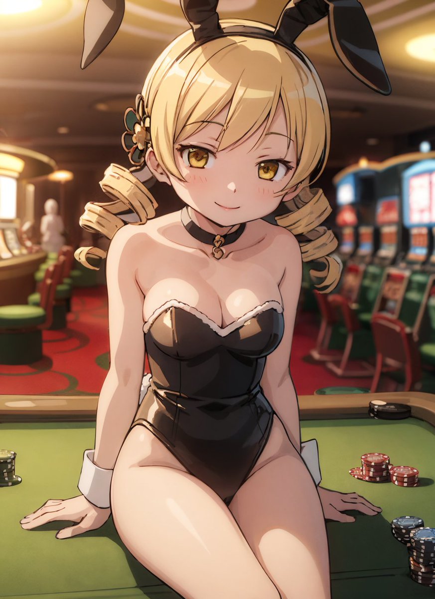 1girls 2023 ai_generated blonde_hair breasts bunny_ears bunnysuit casino cleavage drill_hair indoors looking_at_viewer mahou_shoujo_madoka_magica mami_tomoe puella_magi_madoka_magica sitting smile solo solo_female solo_focus thighs tomoe_mami yellow_eyes