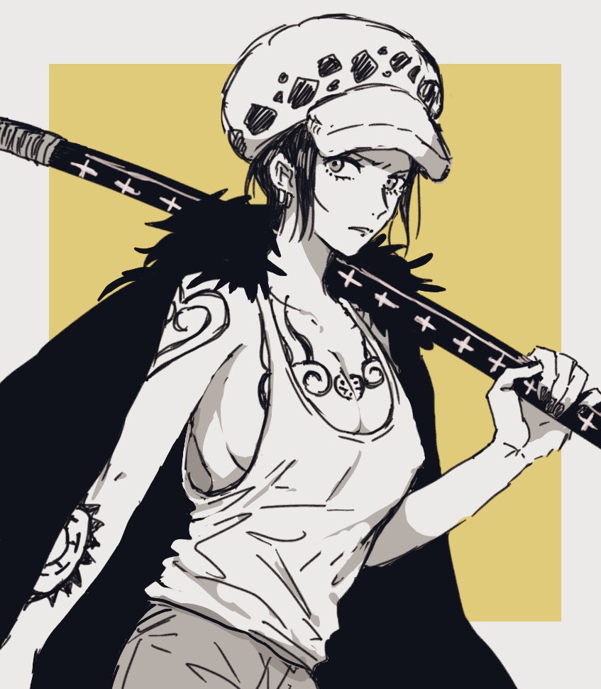 1girls arm_tattoo breast_tattoo breasts canon_genderswap cape covered_nipples denim earrings female female_only female_trafalgar_law fur_cape fur_hat genderswap_(mtf) hat holding holding_sheath holding_sword holding_weapon jeans jewelry large_breasts looking_at_viewer nail_polish one_piece pants parted_lips piratesebine rule_63 sheath sheathed short_hair solo sword tank_top tattoo trafalgar_law trafalgar_law_(female) weapon