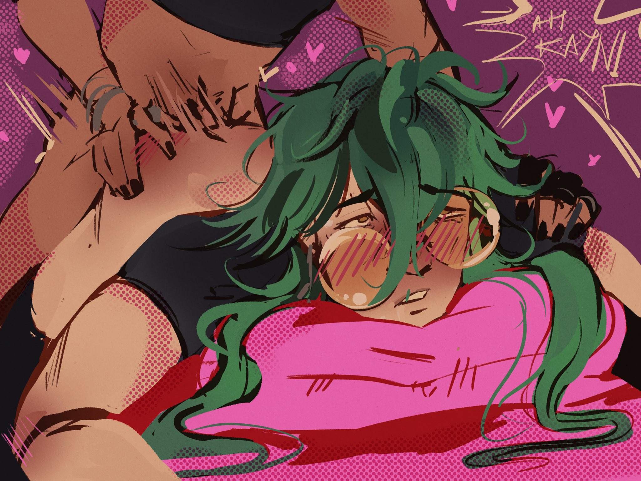 anal, anal sex, ass, ass grab, bed, blush, ezreal, gay, glasses, green hair, hands on ass, heartsteel ezreal, heartsteel kayn, heartsteel series, in bed, kayn, league of legends, male, male focus, male only, male out of frame, male/male, pants down, penetration, pleasure face, rolling eyes, sex, shirt, text, yaoi
