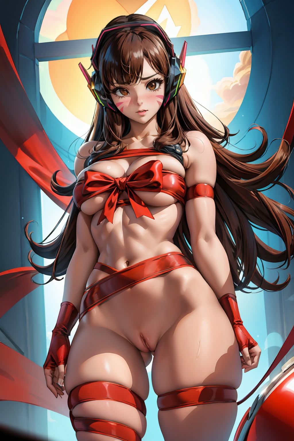 1girls, ai generated, breasts, brown hair, d.va, female, female only, gift, hair, headphones, lux paladin, medium breasts, medium hair, naked, overwatch, pussy, ribbon, ribbons, thick thighs, thighs
