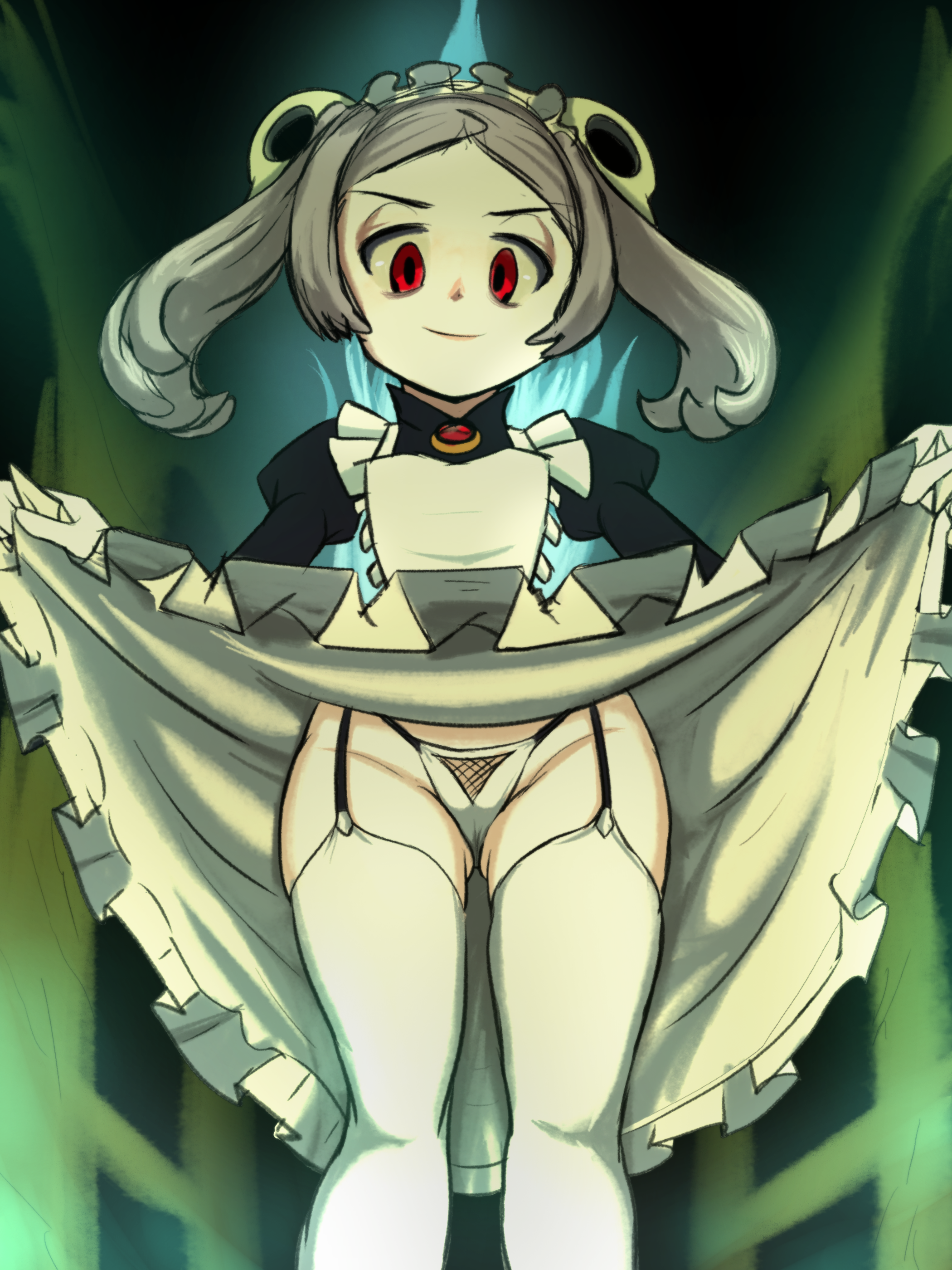 1girls, 2023, artist request, bloody marie, clothes lift, dress lift, female, grey hair, hi res, lifting clothing, lifting dress, light skin, light-skinned female, looking at viewer, maid, maid headdress, maid uniform, panties, presenting, red eyes, skullgirls, smile, stockings, thighhighs, thighs, twintails