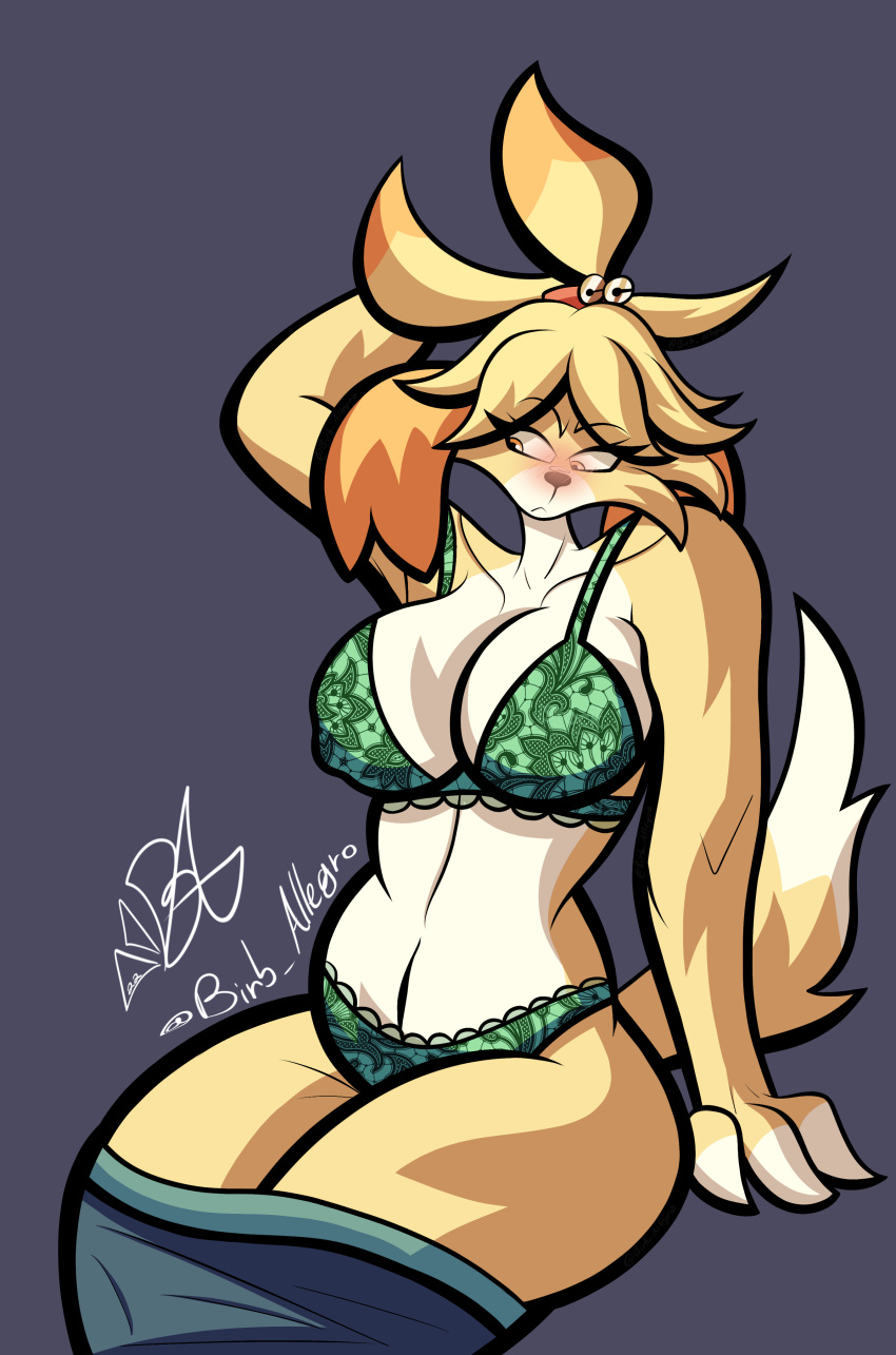 animal_crossing anthro big_breasts birb_allegro blonde_hair bra breasts canid canine canis cheek_tuft cleavage clothing domestic_dog facial_tuft female fur hair isabelle_(animal_crossing) mammal nintendo panties ponytail solo tail tuft underwear yellow_body yellow_fur