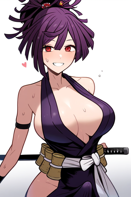 ai_generated bulge dark_hair female_ninja futanari implied_futanari kunoichi ninja purple_eyes purple_robe red_eyes robe yuzuriha_(jigokuraku)