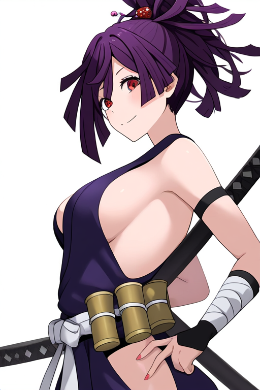 ai_generated dark_hair female_ninja kunoichi ninja ponytail purple_hair purple_robe red_eyes robe yuzuriha_(jigokuraku)