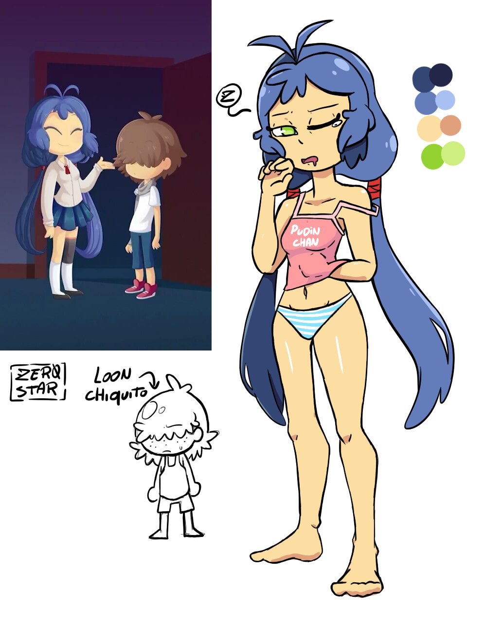 1boy 1girls blue_hair drool drooling fhs fhsz3r0 fnafhs fnafhs_z3ro fnafhsrule34 green_eyes long_hair loon_(fnafhs) medium_breasts pijama sleepwear standing tagme usagi_(fnafhs) usagi_bon z3star