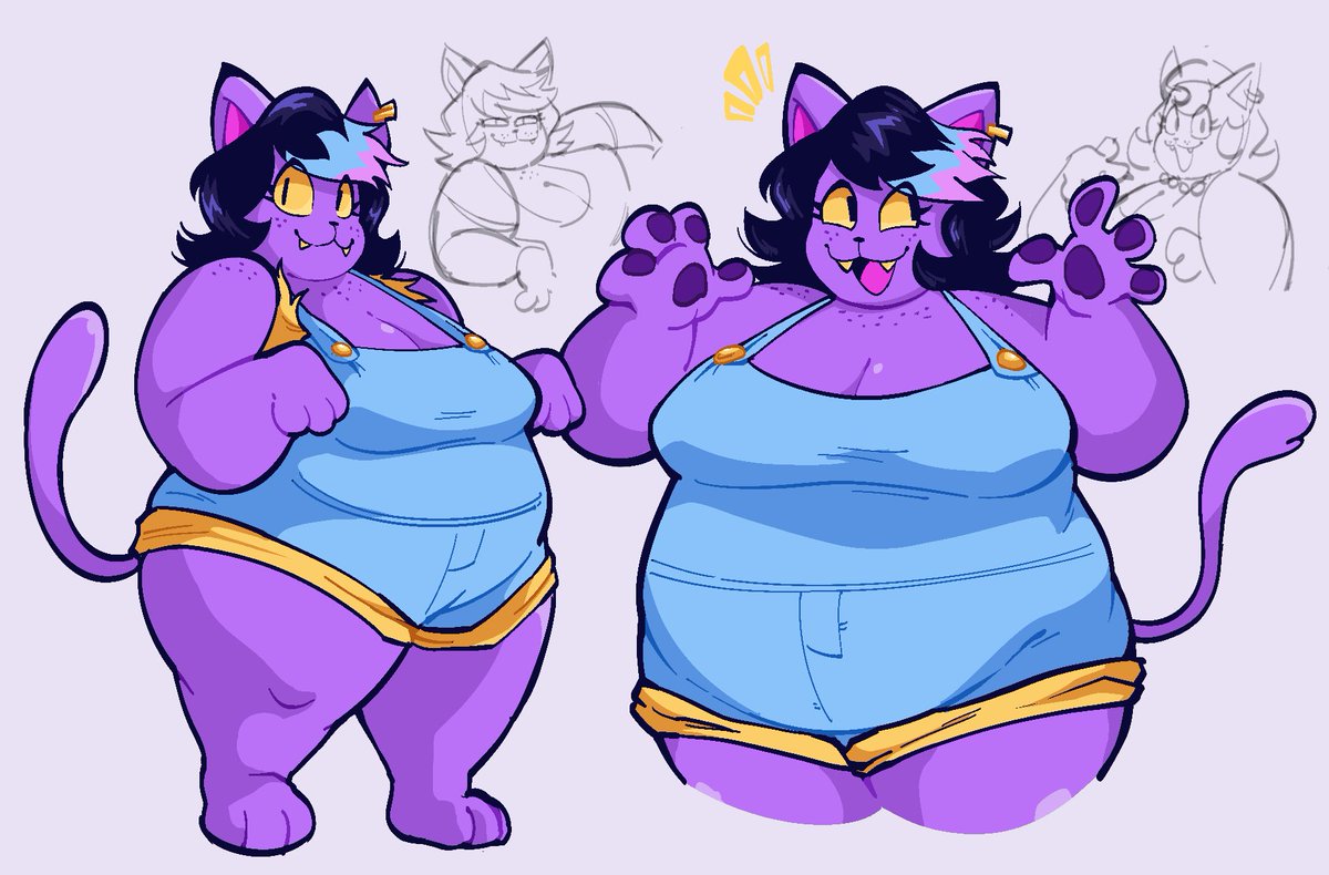 barefoot cat_ears cat_tail catgirl catty_(undertale) chubby chubby_anthro chubby_female dark_hair ear_ring earrings multicolored_hair overalls overweight overweight_anthro overweight_female purple_fur sfw short_hair shortstack sketch teeth undertale undertale_(series) yellow_sclera