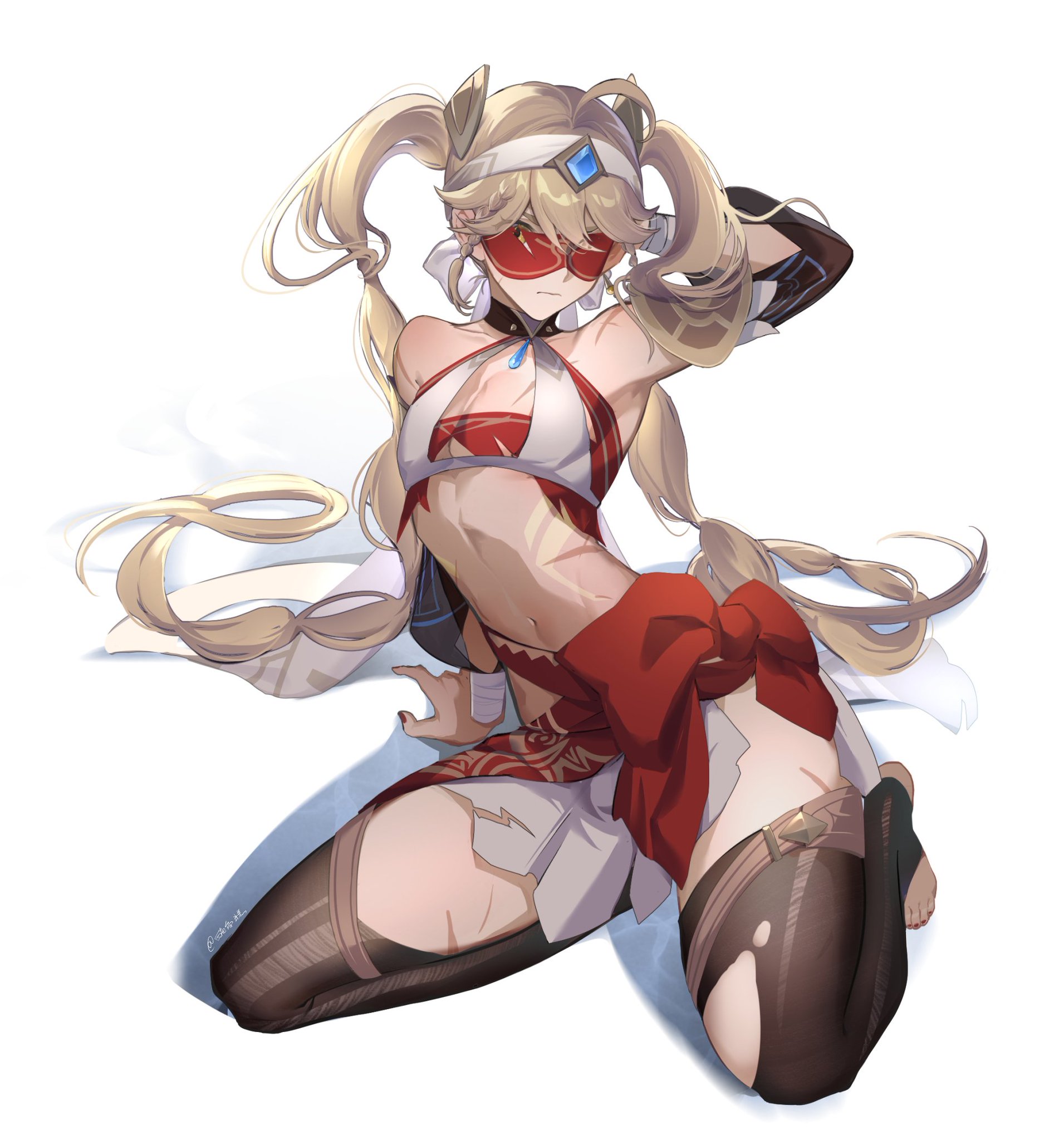 1boy, aether (genshin impact), blindfold, blonde hair, cosplay, crossdressing, detached sleeves, eremite (genshin impact), eremite (genshin impact) (cosplay), femboy, femboy aether, genshin impact, hi res, highres, hoyoverse, l0017 jr, long hair, male, male only, scars, simple background, sitting, solo, trap, twintails