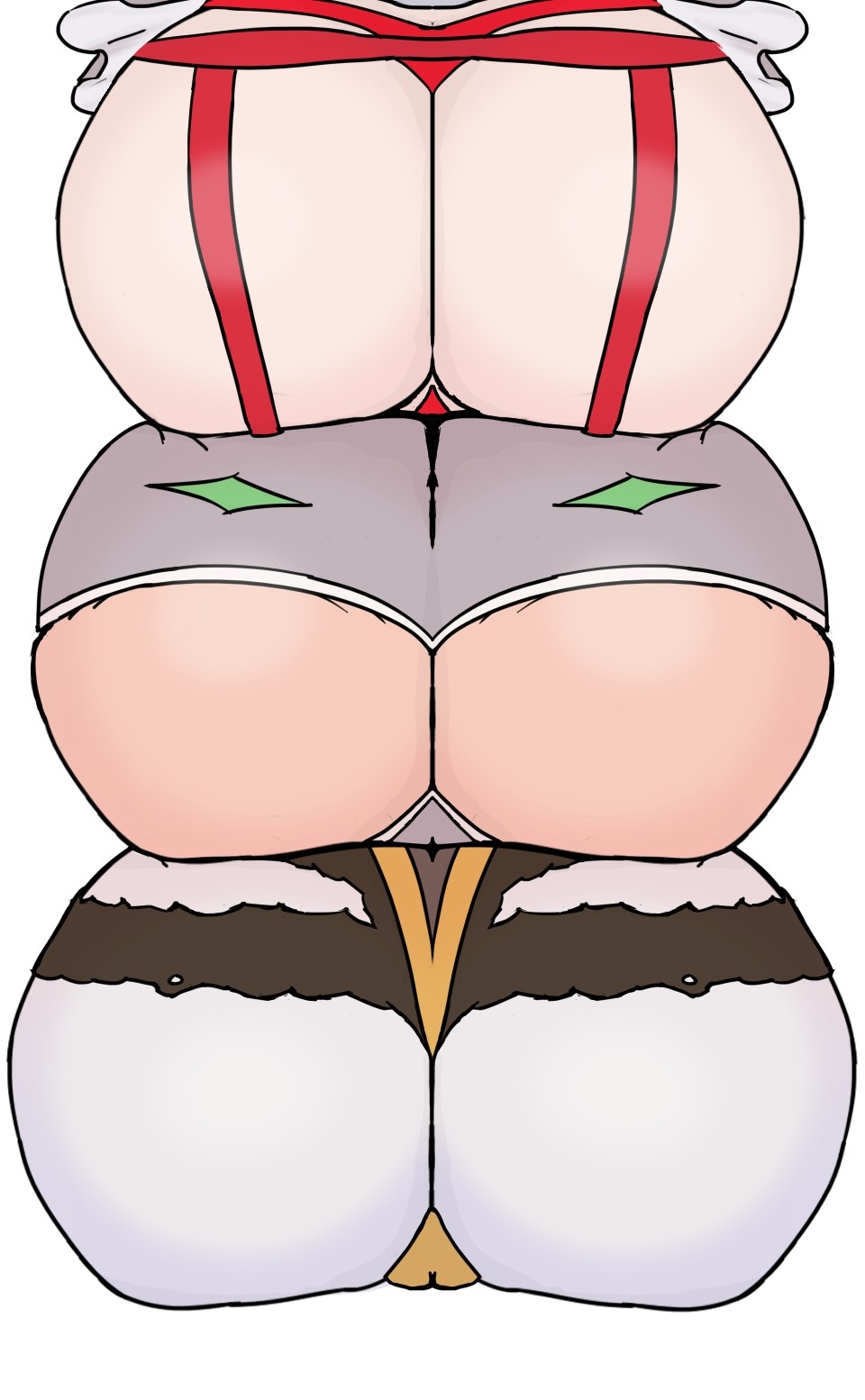 3girls ass_focus female female_only fire_emblem fire_emblem_heroes garter_belt grey_skin gullveig_(fire_emblem) kvasir_(fire_emblem) light-skinned_female light_skin multiple_girls nintendo pale-skinned_female pale_skin panties partially_visible_vulva presenting presenting_ass presenting_hindquarters raging_artist red_panties seidr_(fire_emblem) shorts stacked take_your_pick underwear white_background yellow_panties