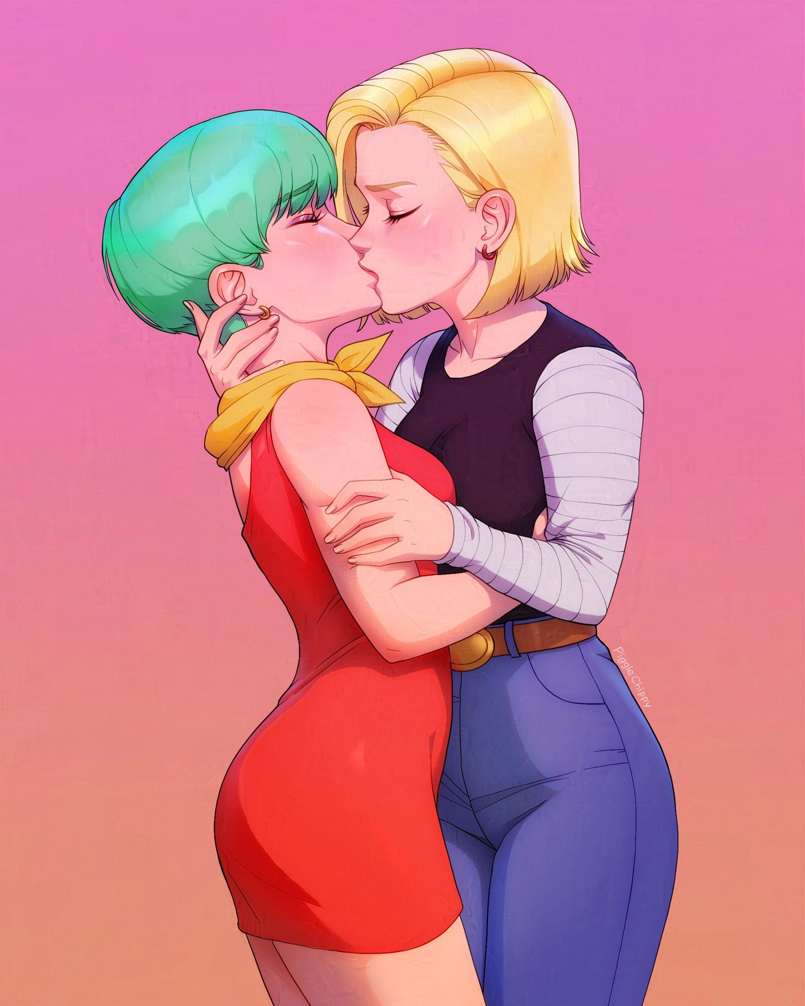 2girls, android 18, blonde hair, blue hair, bulma briefs, cheating, cheating wife, closed eyes, dragon ball, dragon ball super, dragon ball z, female, holding, kissing, long sleeves, milf, multiple females, multiple girls, pigglechippy, short hair, yuri