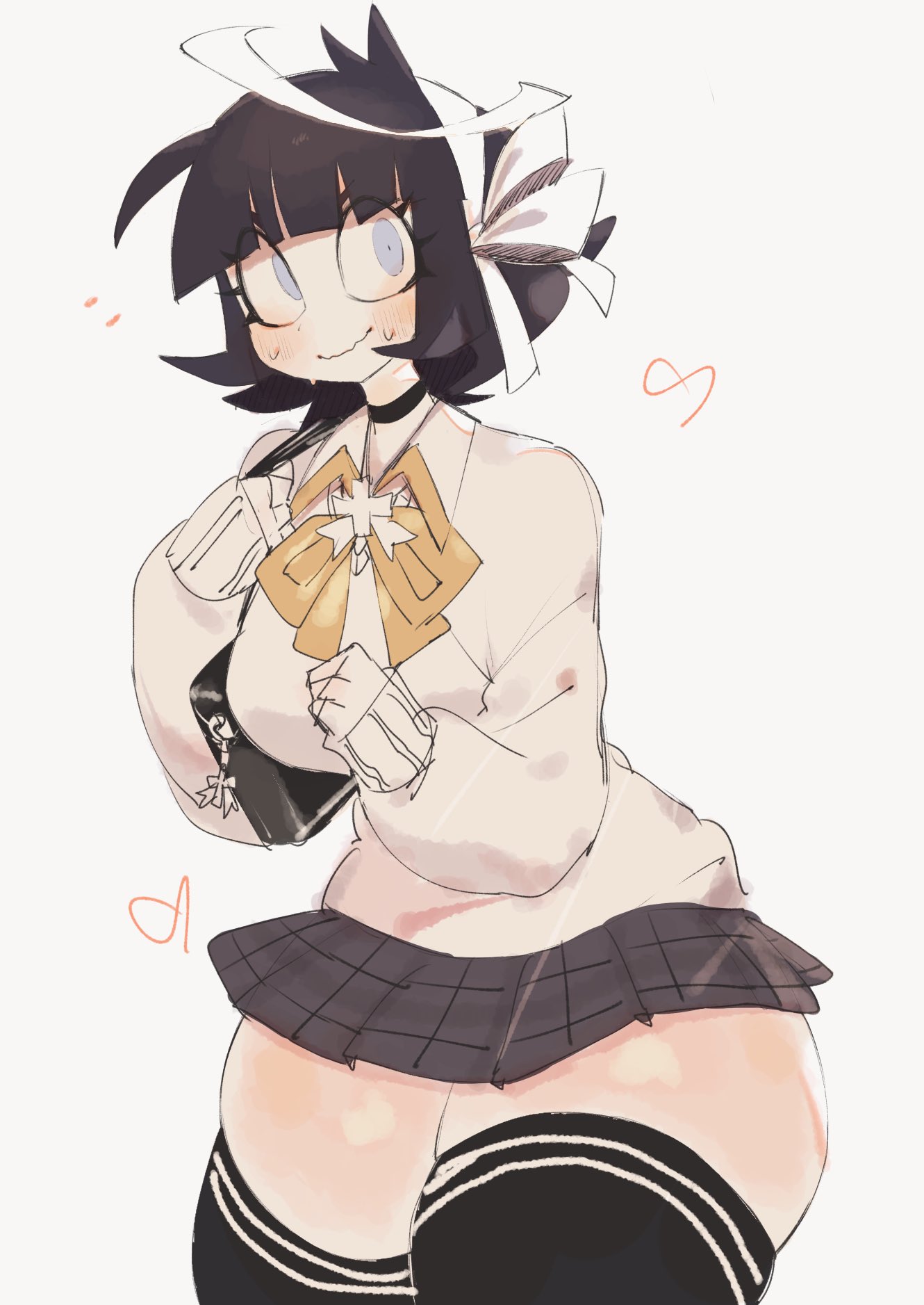 1girls, 2023, 2d, 2d (artwork), angel, angel girl, ass, azazel (helltaker), bangs, big ass, black hair, blue eyes, blush, book, breasts, choker, clothing, cross, fanart, female, halo, headwear, helltaker, hips, huge ass, large ass, light skin, light-skinned female, looking at viewer, massive ass, medium breasts, ribbon, short hair, skirt, smile, smiling at viewer, standing, sweat, sweater, thick thighs, thighhighs, thighs, usa37107692, voluptuous, voluptuous female