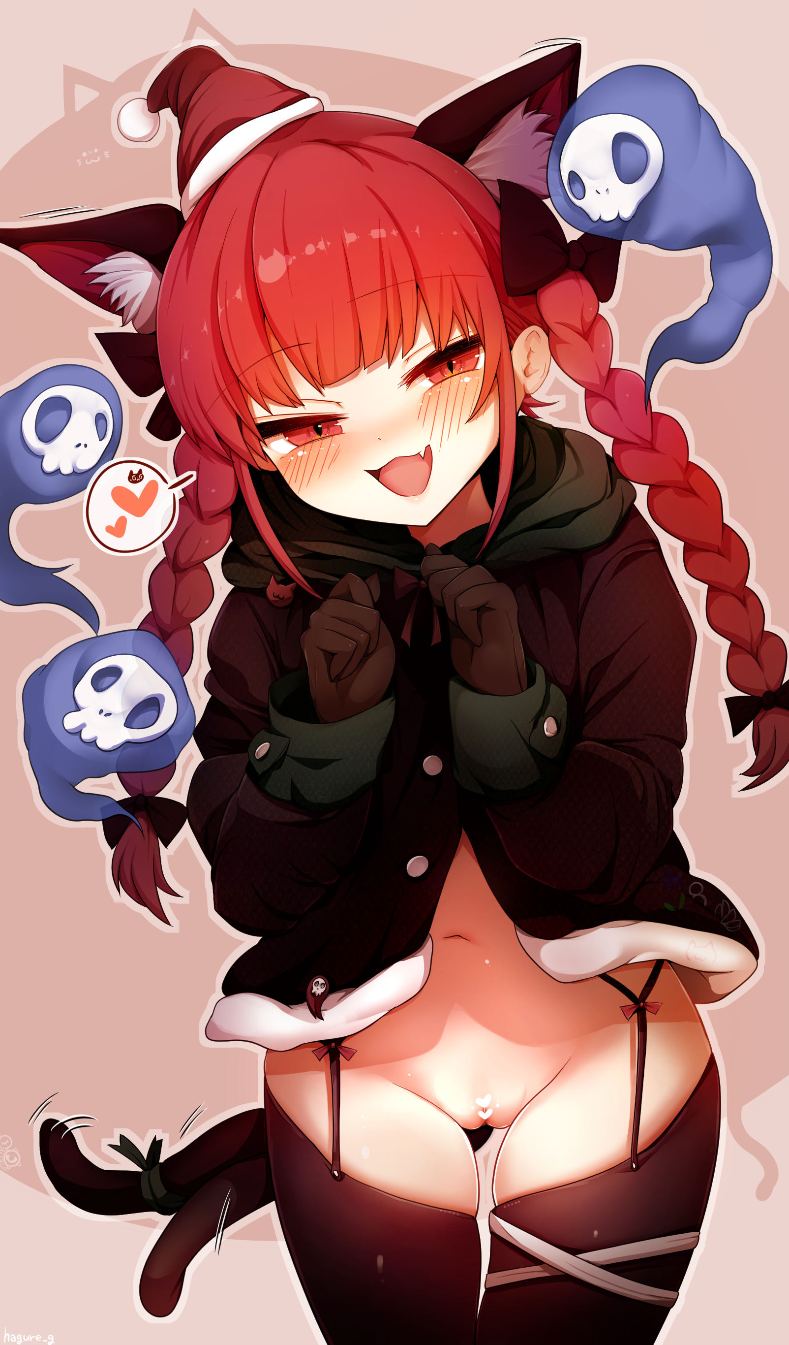 :3, 1girls, absurdres, animal ear fluff, braid, breasts, cat girl, cat tail, cute fang, female, garter straps, hagure kedama, hat, highres, kaenbyou rin, navel, open mouth, pussy, red eyes, red hair, rin kaenbyou, santa hat, smile, tail, thighhighs, touhou, twin braids