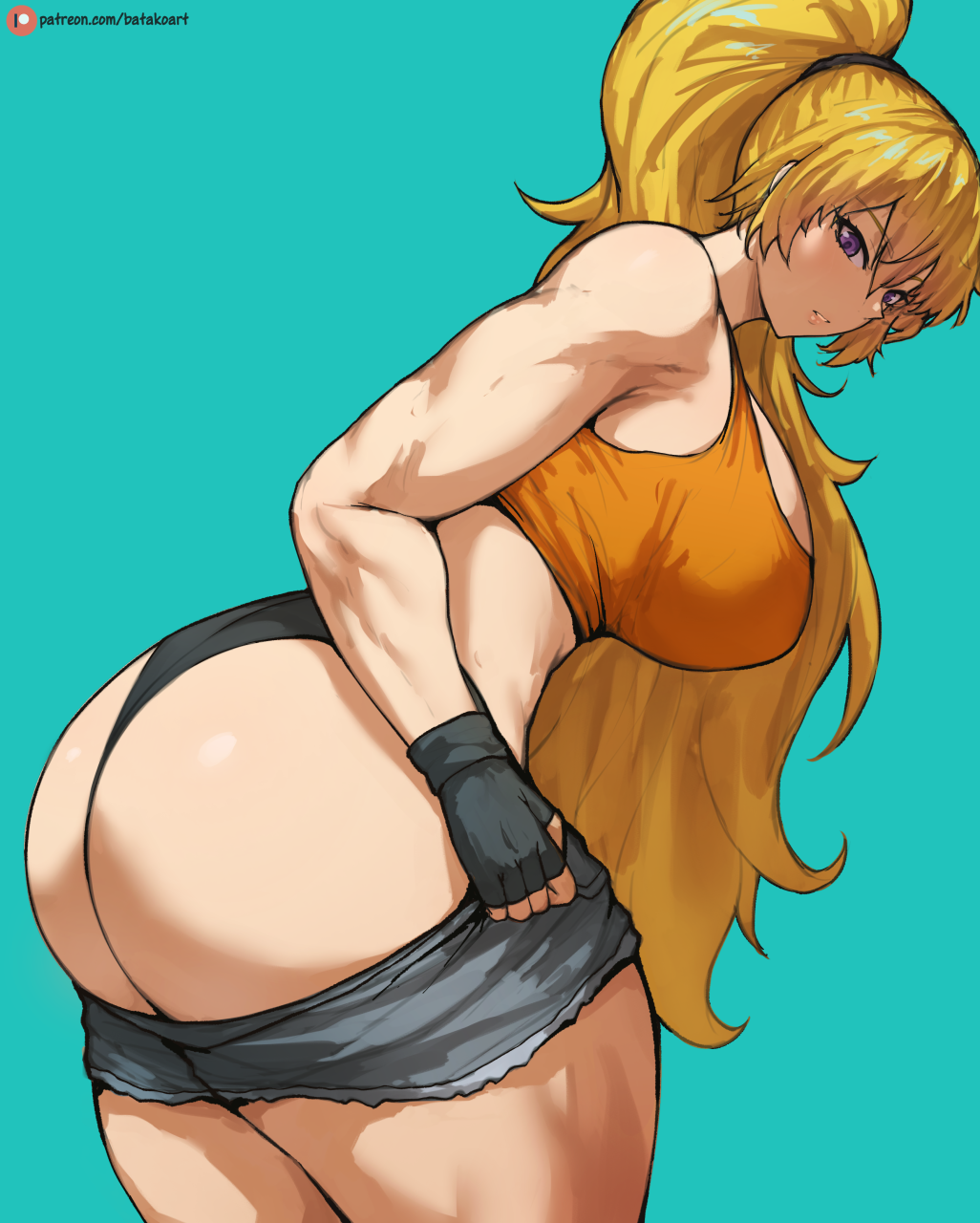 1girls ass batako big_ass big_breasts blonde_hair breasts bubble_butt busty dat_ass fat_ass female huge_ass huge_breasts is light-skinned_female long_hair muscular_female ponytail rwby solo sports_bra sportswear thick_ass thick_thighs yang_xiao_long