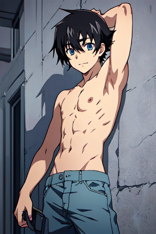 ai_generated amano_yukiteru armpits black_hair blue_eyes mirai_nikki shirtless