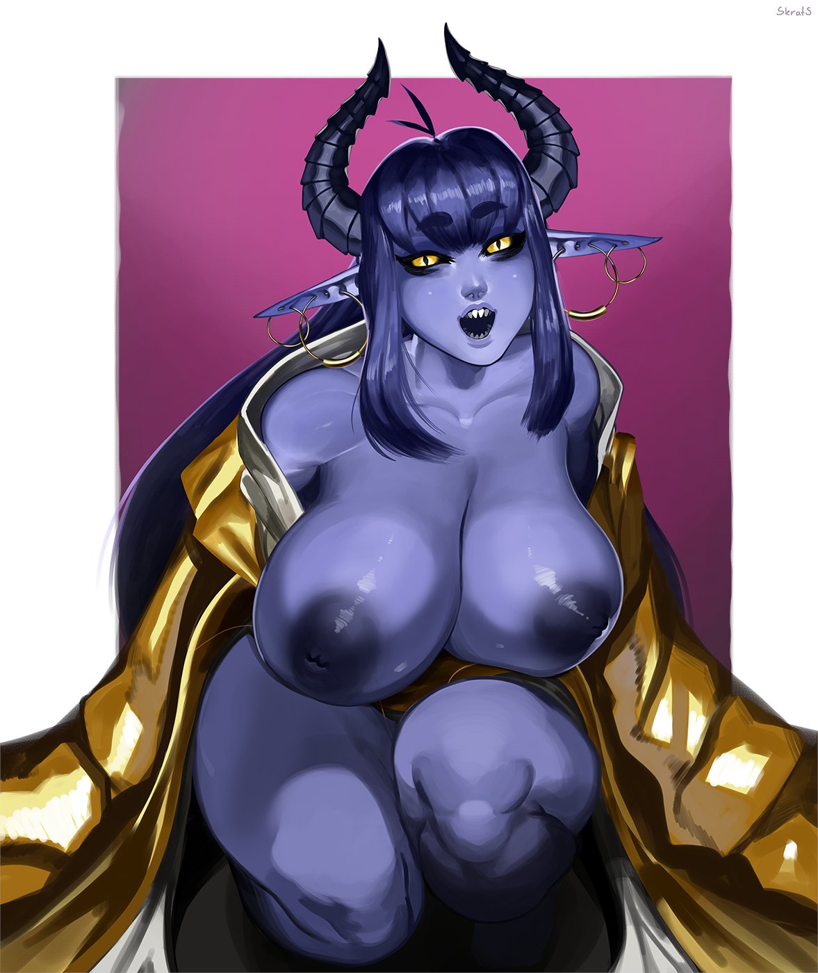 1girls blue_skin breasts_out dark_elf huge_breasts looking_at_viewer sharp_teeth skrats solo squatting succubus yellow_eyes