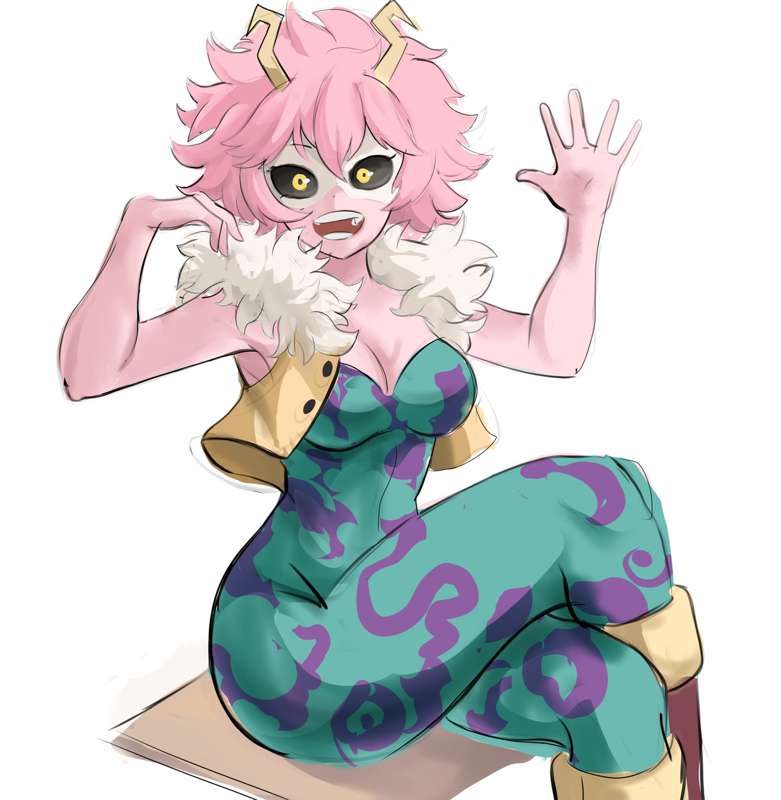 1girls, big breasts, breasts, female, hero outfit (mha), legs crossed, mina ashido, my hero academia, pink hair, pink-haired female, rakeemspoon, sitting, smile, thighs, wave