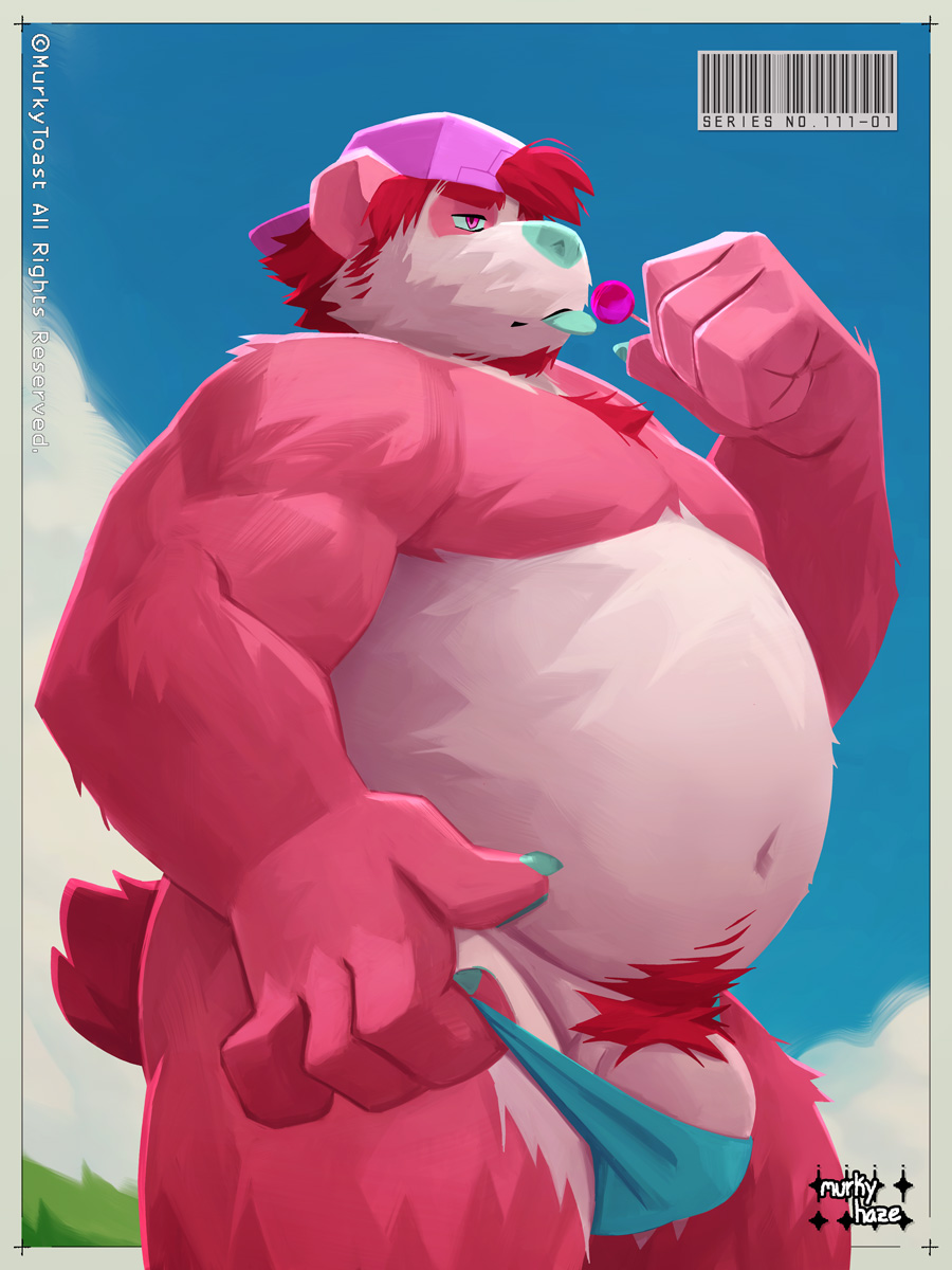 2023 anthro bear belly big_belly blue_nose clothing genitals giant_panda hat headgear headwear hi_res humanoid_hands male mammal murkyhaze outside overweight overweight_male penis pink_body pubes solo swimwear tongue tongue_out white_body