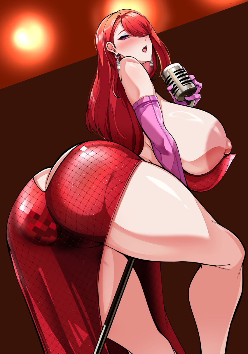 1girls ass breasts butt_crack cosplay disney dress earrings hongryeon_(last_origin) huge_breasts jessica_rabbit jessica_rabbit_(cosplay) jewelry last_origin microphone nipples red_dress red_hair solo tagme touchstone wardrobe_malfunction who_framed_roger_rabbit