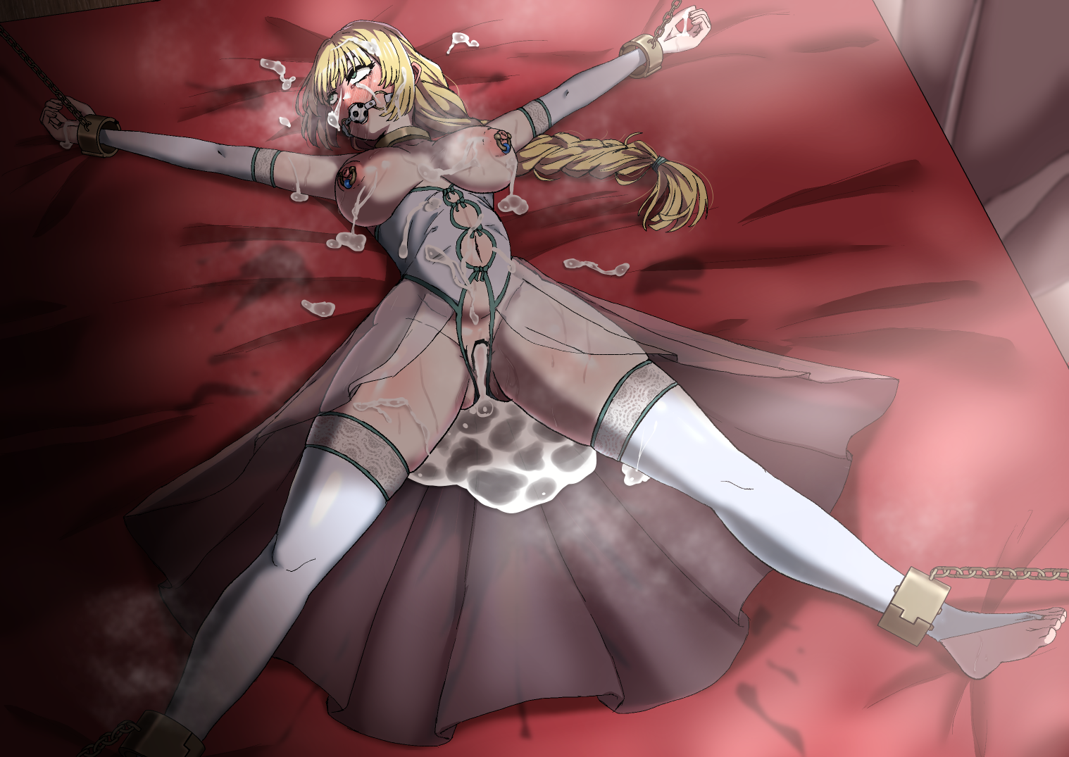 1girls, after rape, after sex, after vaginal, ass visible through thighs, ball gag, bangs, bare thighs, barefoot, bdsm, bed, blonde hair, bondage, bound, braid, braided ponytail, breasts, breasts out, bridal gauntlets, broken rape victim, censored, chains, corset, creampie, crotchless, crying, crying with eyes open, cum, cum everywhere, cum in pussy, cum inside, cum on arm, cum on bed, cum on body, cum on breasts, cum on face, cum on hair, cum on hand, cum on leg, cum pool, dress, empty eyes, female, female only, femsub, fire emblem, fire emblem: three houses, gag, green eyes, heavy breathing, ingrid brandl galatea, long hair, long sleeves, musk, nintendo, nipple piercing, nipples, noblewoman, on back, on bed, overflow, piercing, pregnant, pussy, rape, restrained, revealing clothes, ring piercing, see-through, slave, solo, spread legs, steaming body, sweat, sweaty, teenage female, teenager, thick thighs, thighhighs, thighs, very long hair, wedding dress, wedding lingerie, zetsu red