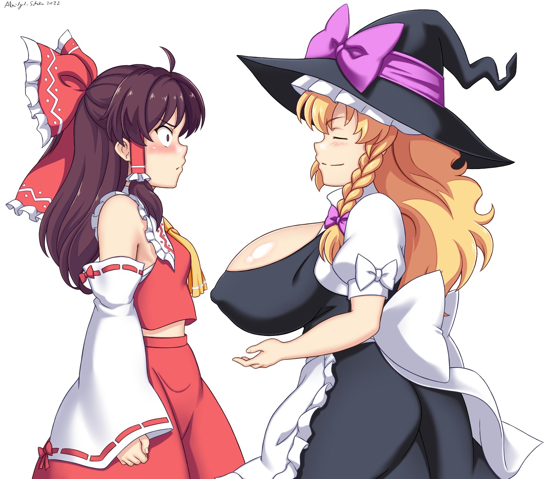 2girls, abridged-satoko, alternate breast size, blonde hair, breast envy, breasts, brown hair, female, huge breasts, large breasts, marisa kirisame, miko, multiple females, multiple girls, reimu hakurei, touhou