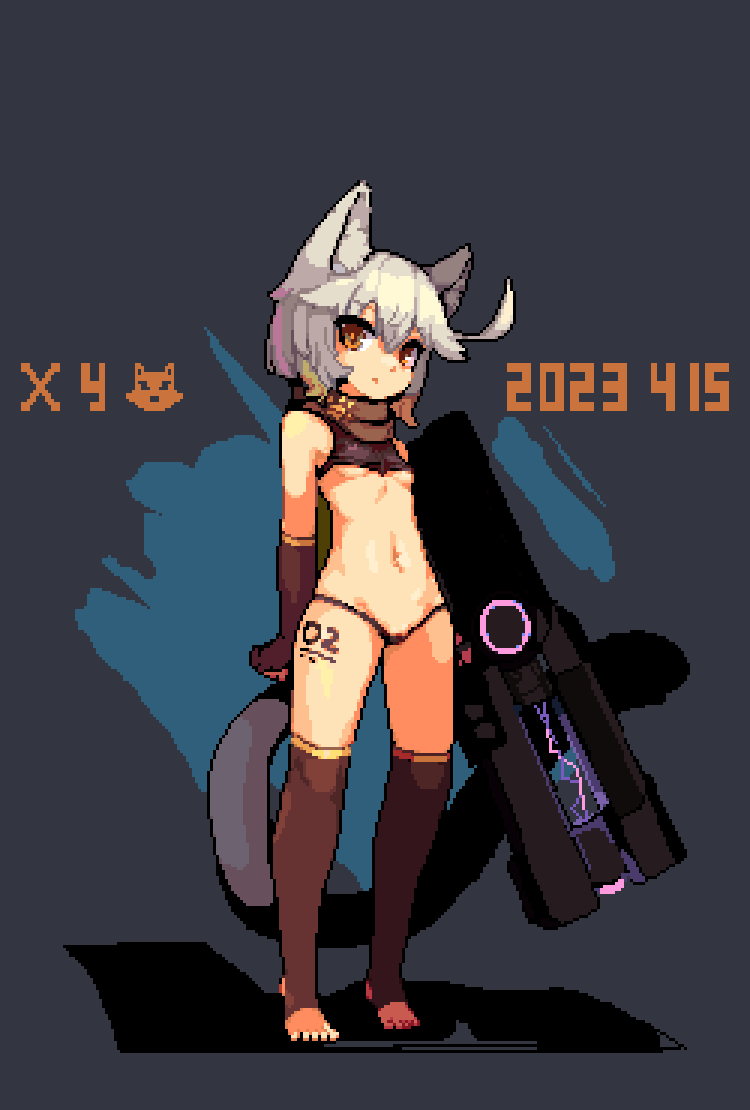 ahoge animal_ears breasts brown_eyes cat02a cat_ears cat_girl cat_tail chinese_commentary crop_top dated energy_gun female full_body gloves grey_background gun leg_tattoo looking_at_viewer micro_panties navel original panties pixel_art pussy pussy_peek revealing_clothes small_breasts solo standing stomach tail tattoo thighhighs underboob underwear weapon white_hair