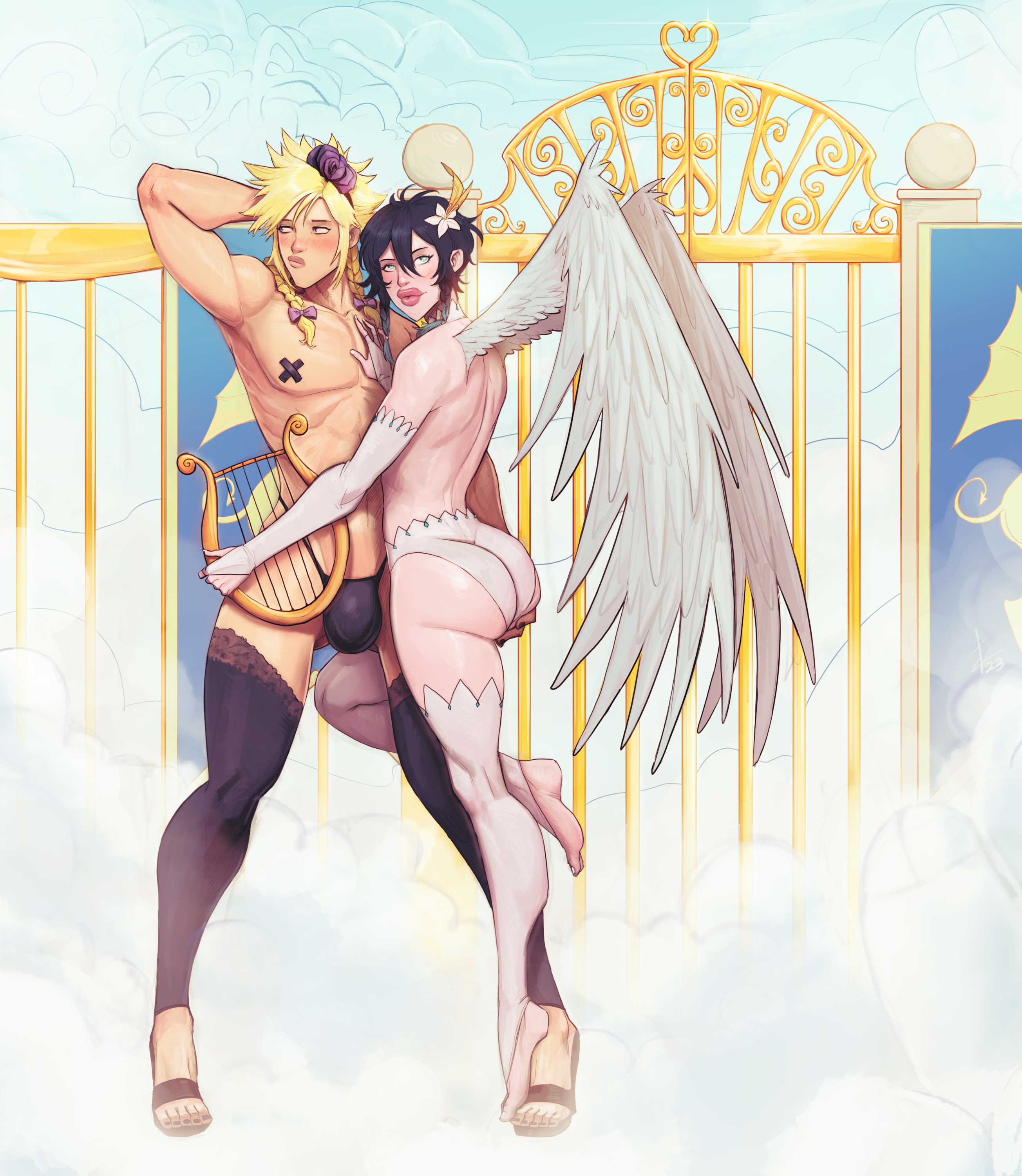 2boys, androgynous, angel, angel wings, ass, ass visible through thighs, athletic, athletic male, barbatos (genshin impact), bare back, bare shoulders, barefoot, big ass, big butt, big lips, big penis, bimbo lips, blue highlights, braided hair, bulge, cloud strife, clouds, covered nipples, crossdressing, crossover, devil hs, embarrassed, femboy, femboy on femboy, final fantasy, final fantasy vii, flower, flower in hair, gay, genshin impact, grabbing ass, hand on chest, heart-shaped pupils, heroes of might and magic iii, hoyoverse, lingerie, looking at viewer, looking away, male, male only, male/male, painted nails, penis, raised leg, shy, square enix, standing, thighhighs, thong, twink, venti (genshin impact), wings, yaoi