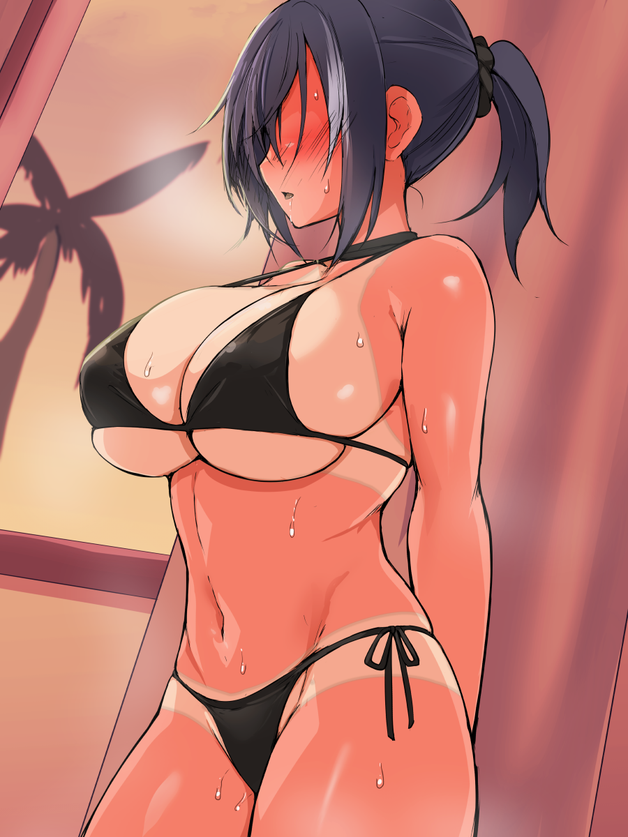 1girls arms_behind_back belly belly_button bikini black_bikini black_hair blue_eyes blue_hair blush breasts breath eyeless eyeless_female huge_breasts imminent_sex large_breasts nonaga_(shiro_maru) palm_tree ponytail scrunchie shiro_maru side-tie_bikini_bottom sideboob solo steam steamy_breath sweat swimsuit tan tanlines tree