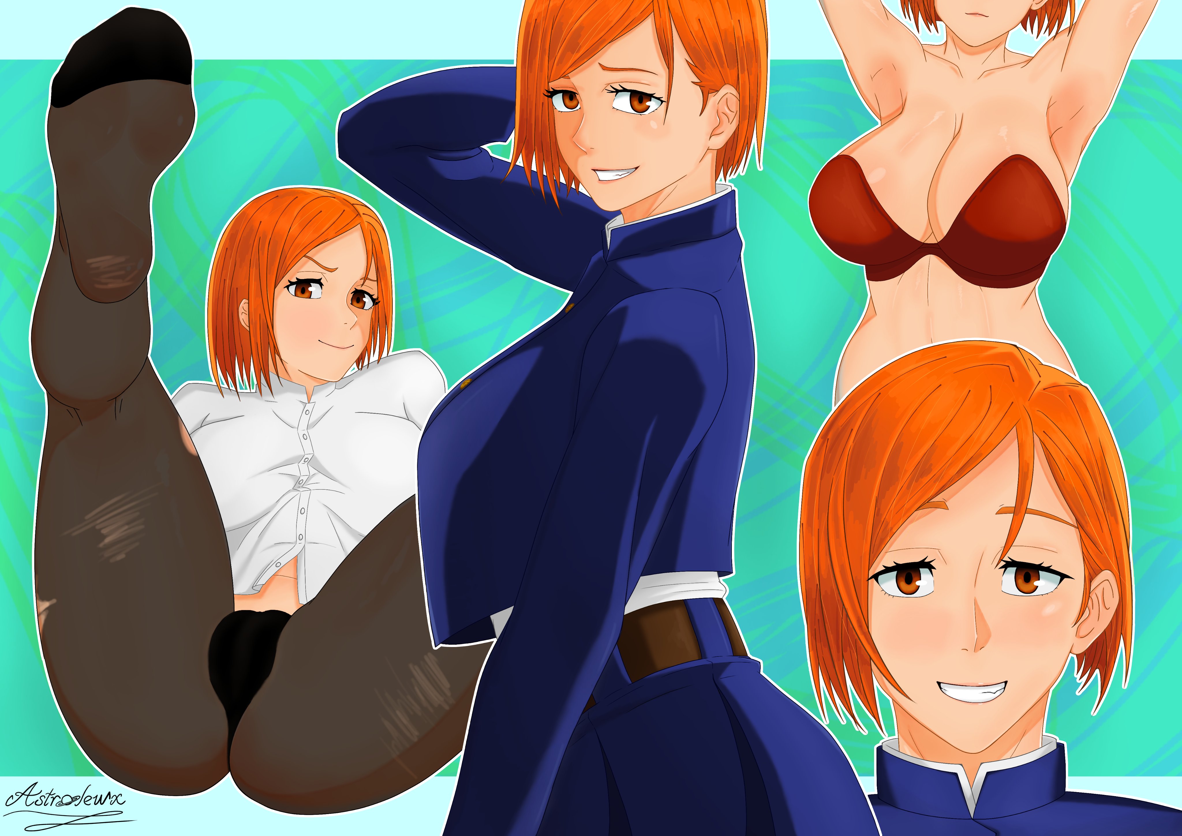 1girls, alternate version available, astrolewx, big breasts, black panties, blue clothing, blue jacket, blue skirt, bra, breasts, cleavage, clothing, feet, feet up, female, female only, foot focus, hair, huge breasts, jujutsu kaisen, kugisaki nobara, leggings, legwear, multiple views, orange eyes, orange hair, orange-haired female, panties, red bra, shirt, short hair, soles, solo, solo female, white shirt