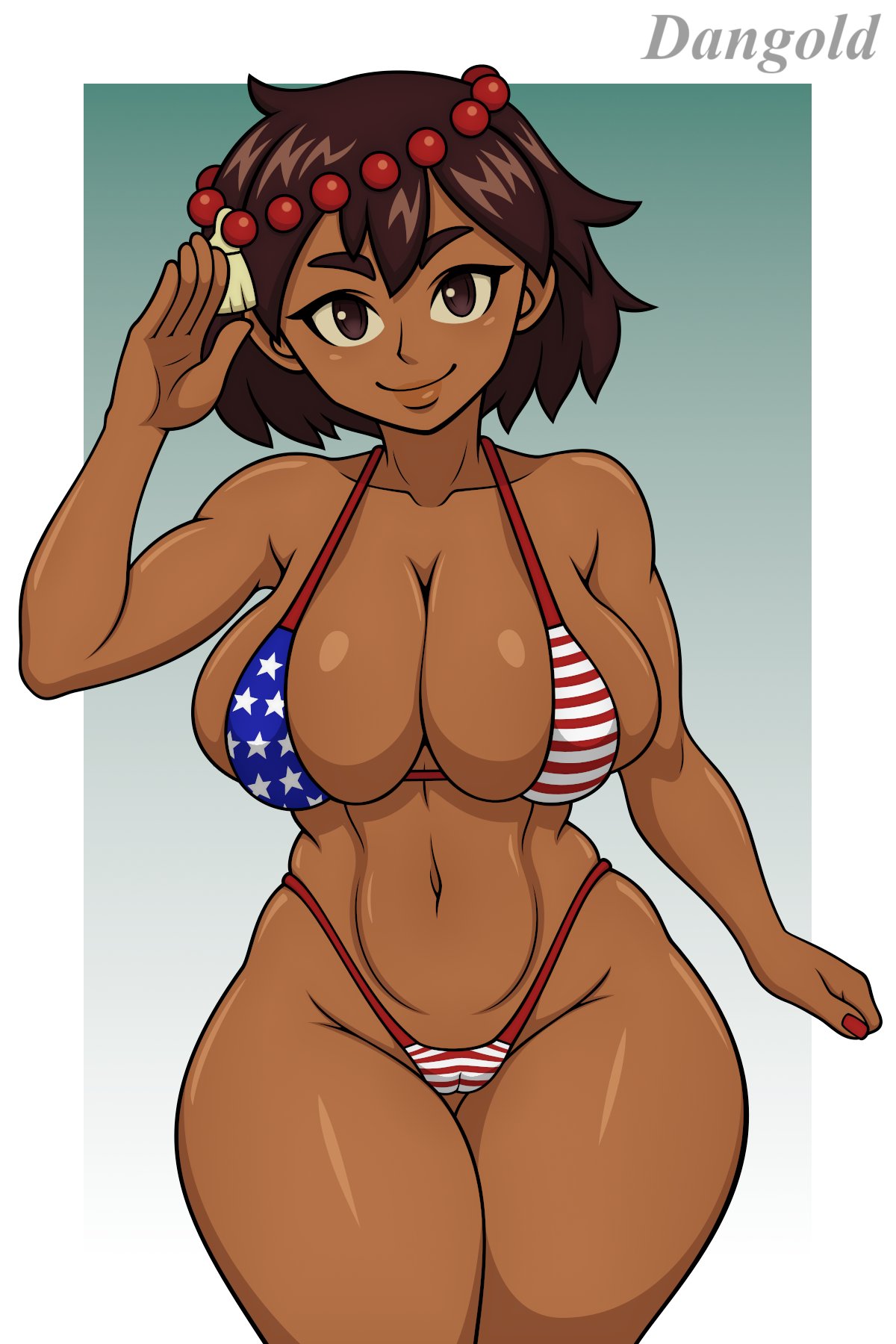 1girls 2023 4th_of_july 5_fingers ajna_(indivisible) alternate_version_available american_flag_bikini artist_name big_breasts bikini breasts brown_eyes brown_hair cleavage dangold dark-skinned_female dark_skin female female_only indivisible looking_at_viewer navel smile smiling smiling_at_viewer solo solo_female standing