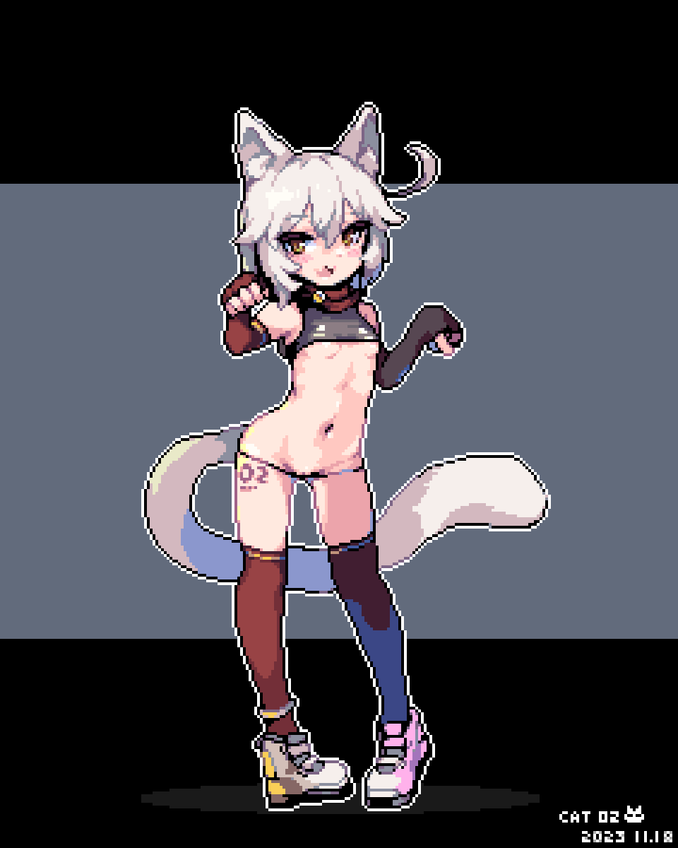 animal ear fluff, animal ears, blush, breasts, brown eyes, cat ears, cat girl, cat tail, cat02a, chinese commentary, elbow gloves, female, fingerless gloves, footwear fetish, full body, gloves, highres, leg tattoo, looking at viewer, micro panties, oerba yun fang, open mouth, original, outline, panties, paw pose, pixel art, pussy, pussy peek, revealing clothes, shoes, small breasts, solo, standing, tail, tattoo, thighhighs, underboob, underwear, white hair, white outline