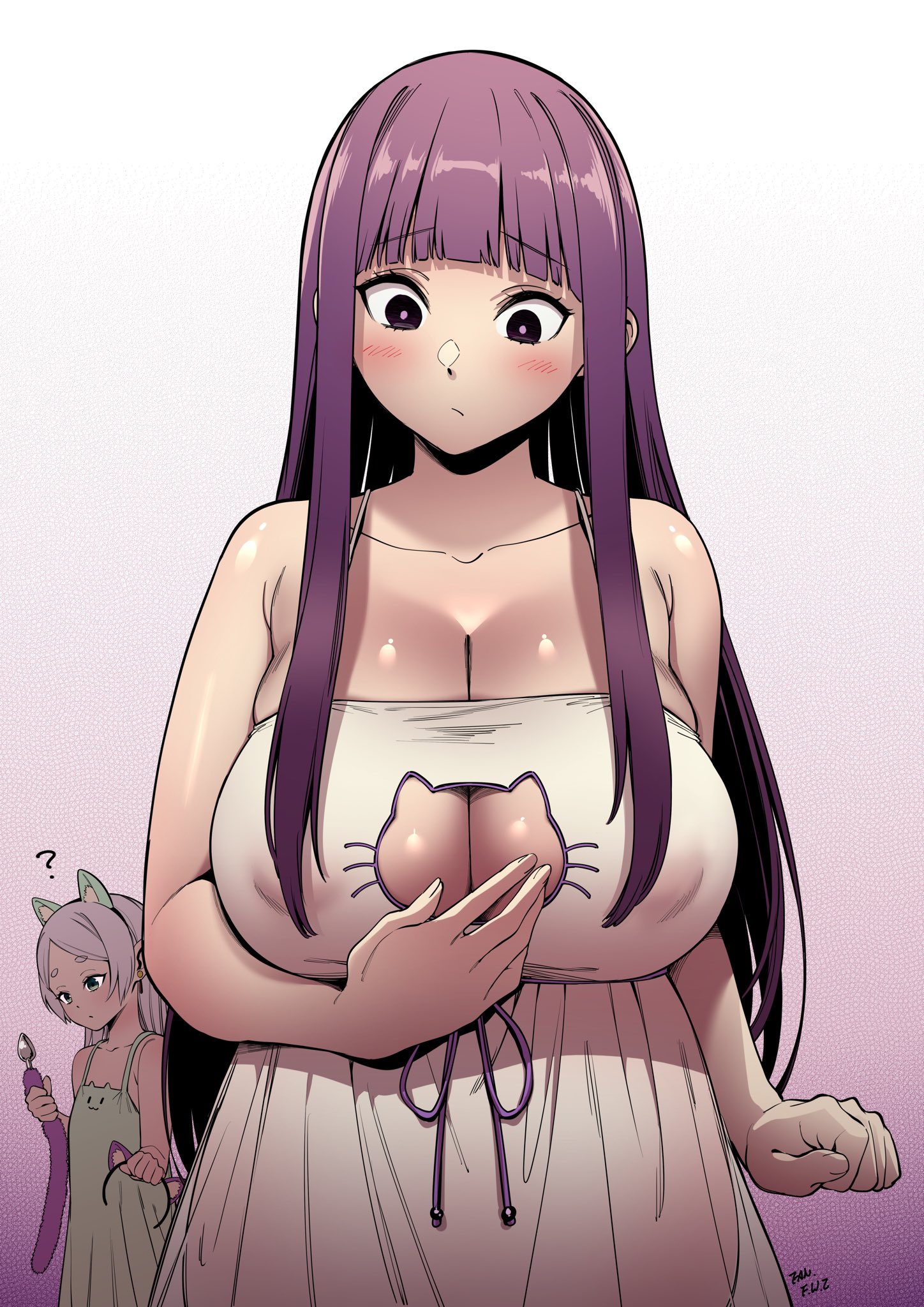 2023, 2girls, areolae visible through clothing, bare shoulders, blush, breasts, camisole, cat cutout, cat lingerie, cleavage, fan (f.w.zholic), female, female only, fern (sousou no frieren), frieren, huge breasts, large breasts, purple hair, sousou no frieren, standing