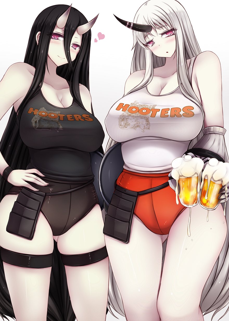 2girls battleship_princess beer beer_mug black_hair black_shorts black_tank_top breasts employee_uniform hand_on_hip holding_mug holding_tray hooters hooters_uniform horns kantai_collection large_breasts long_hair looking_at_viewer orange_shorts purple_eyes seaport_princess short_shorts shorts tank_top thigh_strap tray waitress waitress_uniform white_hair white_tank_top wristband yuzumiya_mono