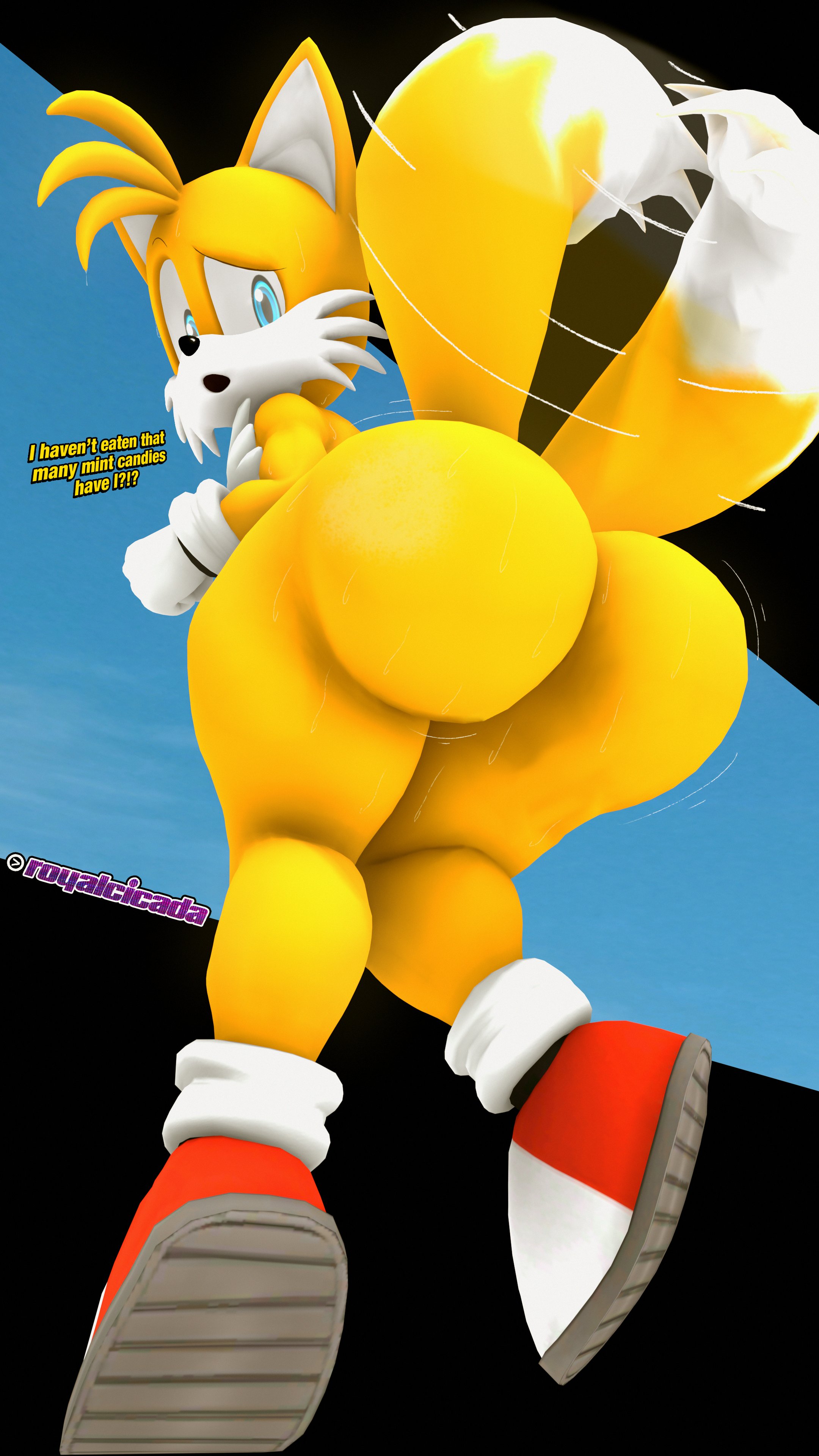 1boy, 2 tails, 3d, 3d (artwork), ass, big ass, big butt, blue eyes, dialogue, english text, fat ass, fat butt, femboy, fox, huge ass, huge butt, jiggle, jiggling ass, male, male only, miles prower, miles tails prower, multi tail, naked, royalcicada, sega, solo, sonic (series), sonic the hedgehog (series), source filmmaker, sweat, sweatdrop, sweating, tail, tails, tails the fox, text, thick ass, thick butt, thick thighs, thighs, twink, yellow fur
