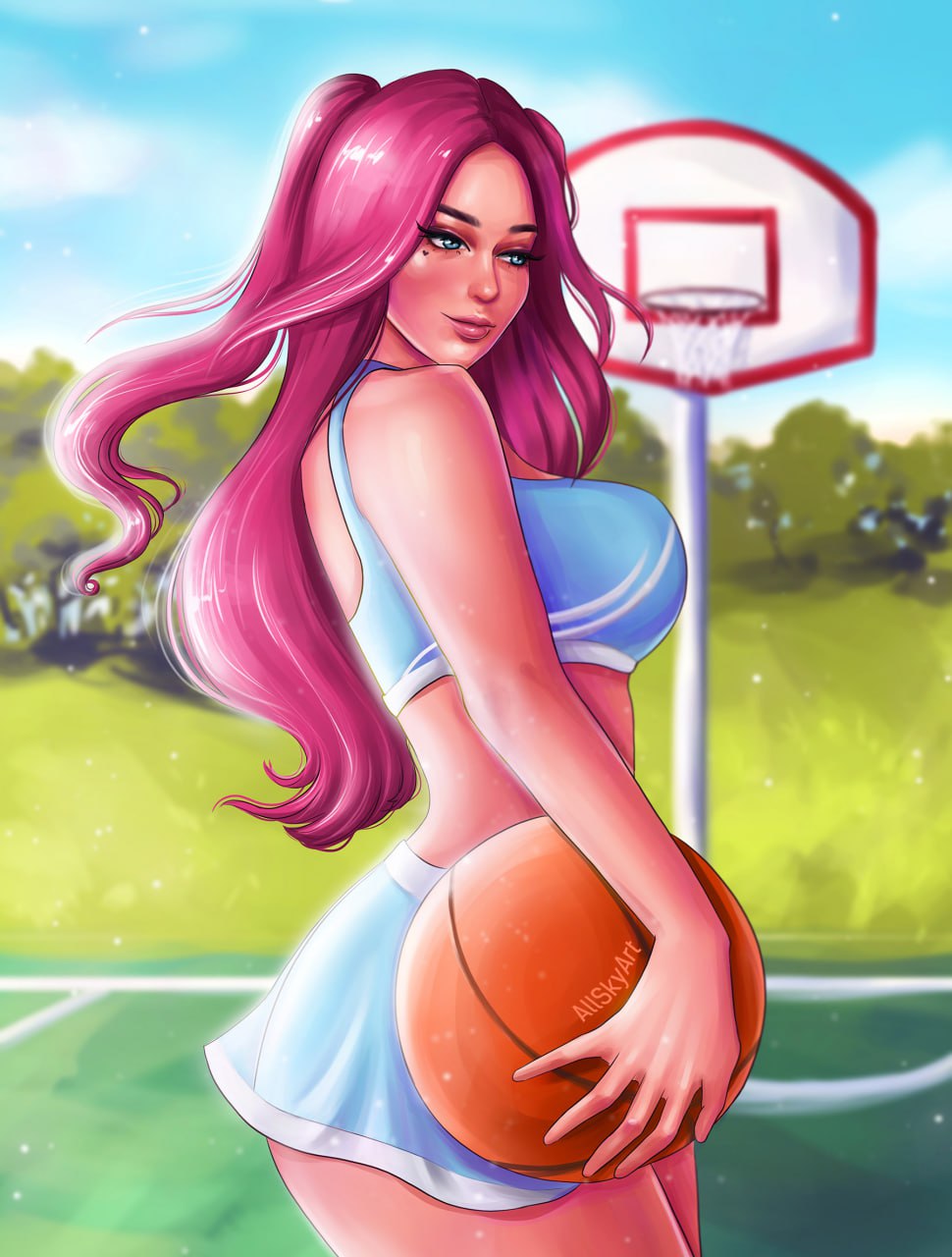 basketball basketball_girl blue_clothing blue_eyes blue_skirt blue_top blue_uniform blur_background female green_background large_breasts light_skin long_hair mini_skirt pink_hair skirt smile sport sport_autfit sport_skirt sports_bra sportswear summer