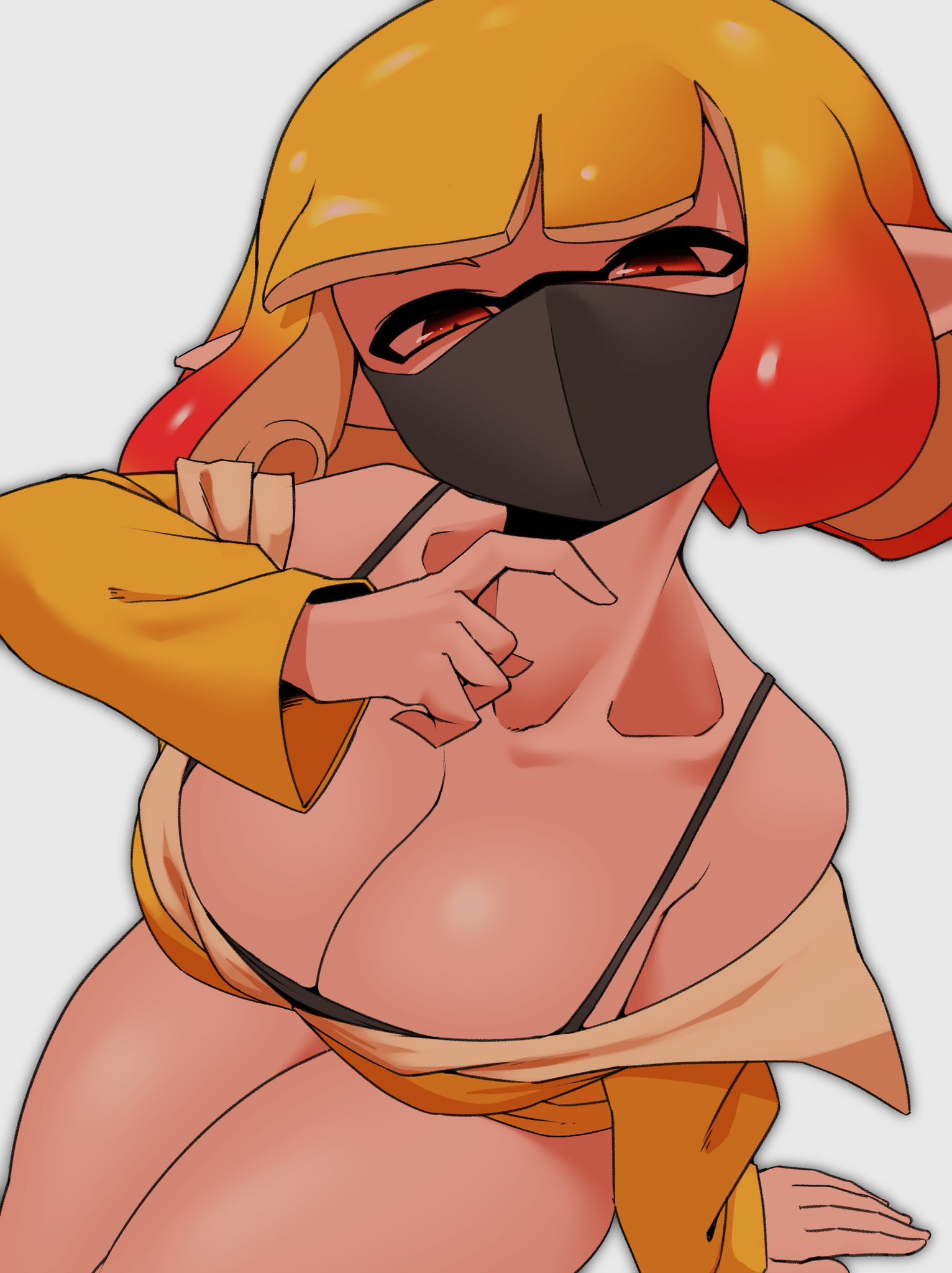 1girls, 2023, agent 4 (splatoon), alternate breast size, black bra, bra, breasts, cleavage, female, female only, huge breasts, inkling, inkling girl, light skin, light-skinned female, mask, naughty face, nintendo, nobunagapero, orange hair, peronattu, red eyes, short hair, splatoon, splatoon (series), splatoon 2, splatoon 2: octo canyon, tentacle hair