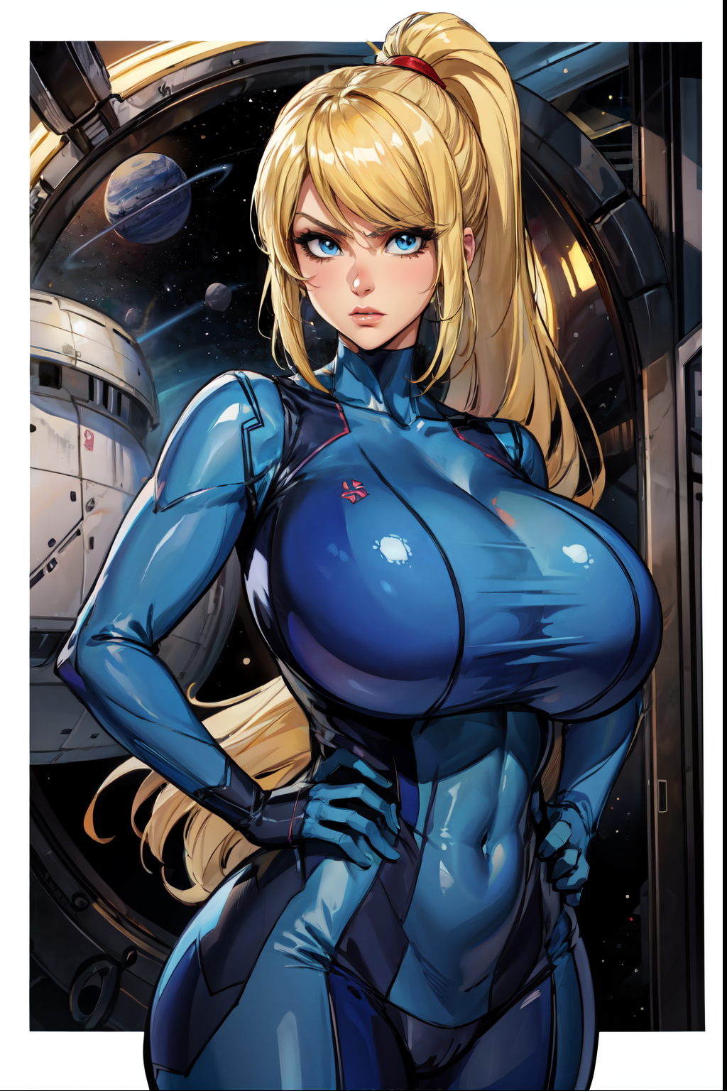 1girls ai_generated angry big_breasts blonde_hair blue_bodysuit blue_eyes bodysuit border female female_only frown furrowed_brow hands_on_hips huge_breasts large_breasts long_hair looking_at_viewer metroid planet ponytail samus_aran solo solo_female space spacecraft stable_diffusion stretched_clothing tampopo tight_clothing very_long_hair zero_suit zero_suit_samus