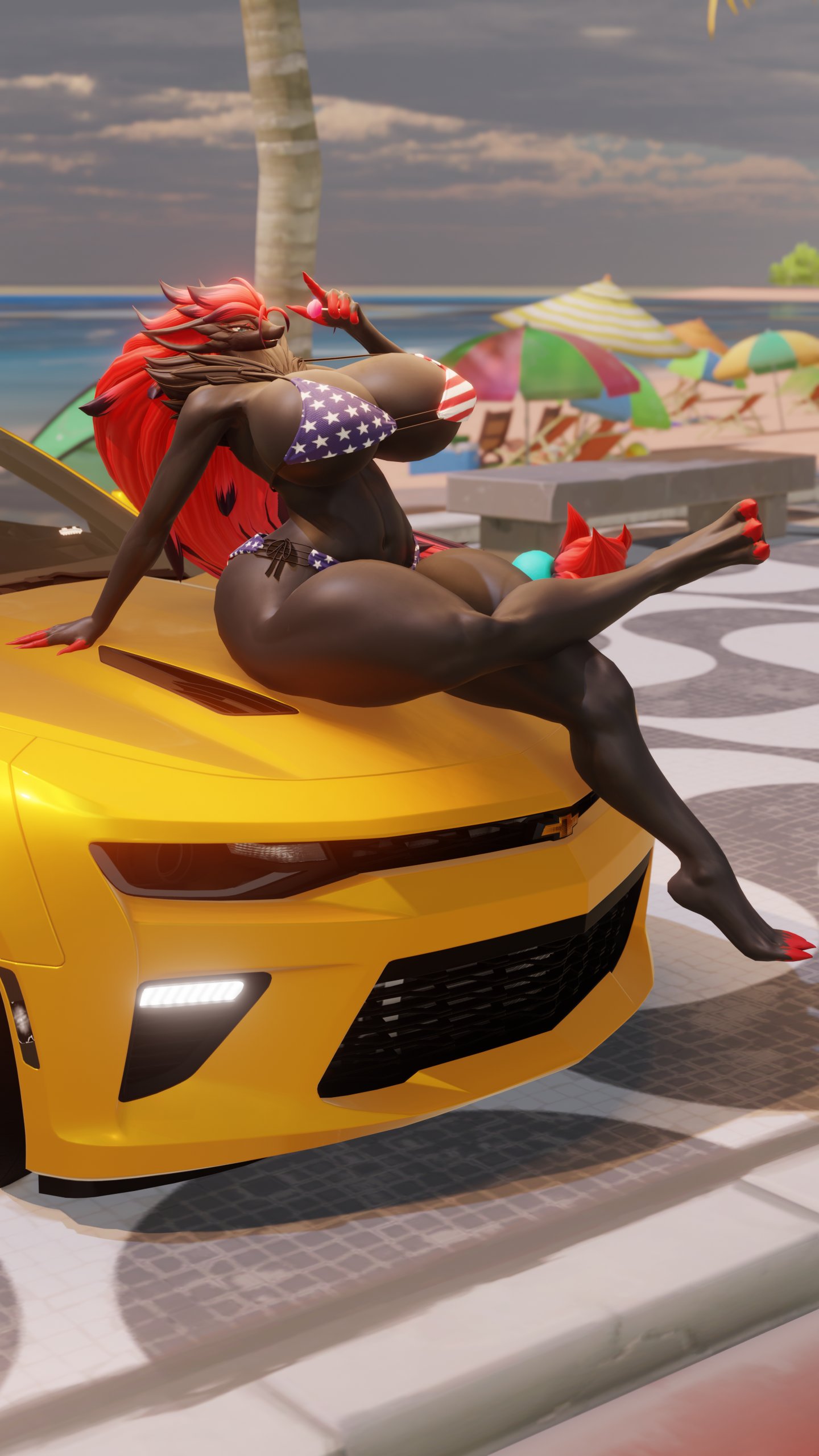 1girls 2023 american_flag_bikini anthro big_breasts bikini breasts car chevrolet chevrolet_camaro female female_only machine muscle_car nintendo notsafeforgek pokémon_(species) pokemon pokemon_(species) thick_thighs vehicle wide_hips zoroark