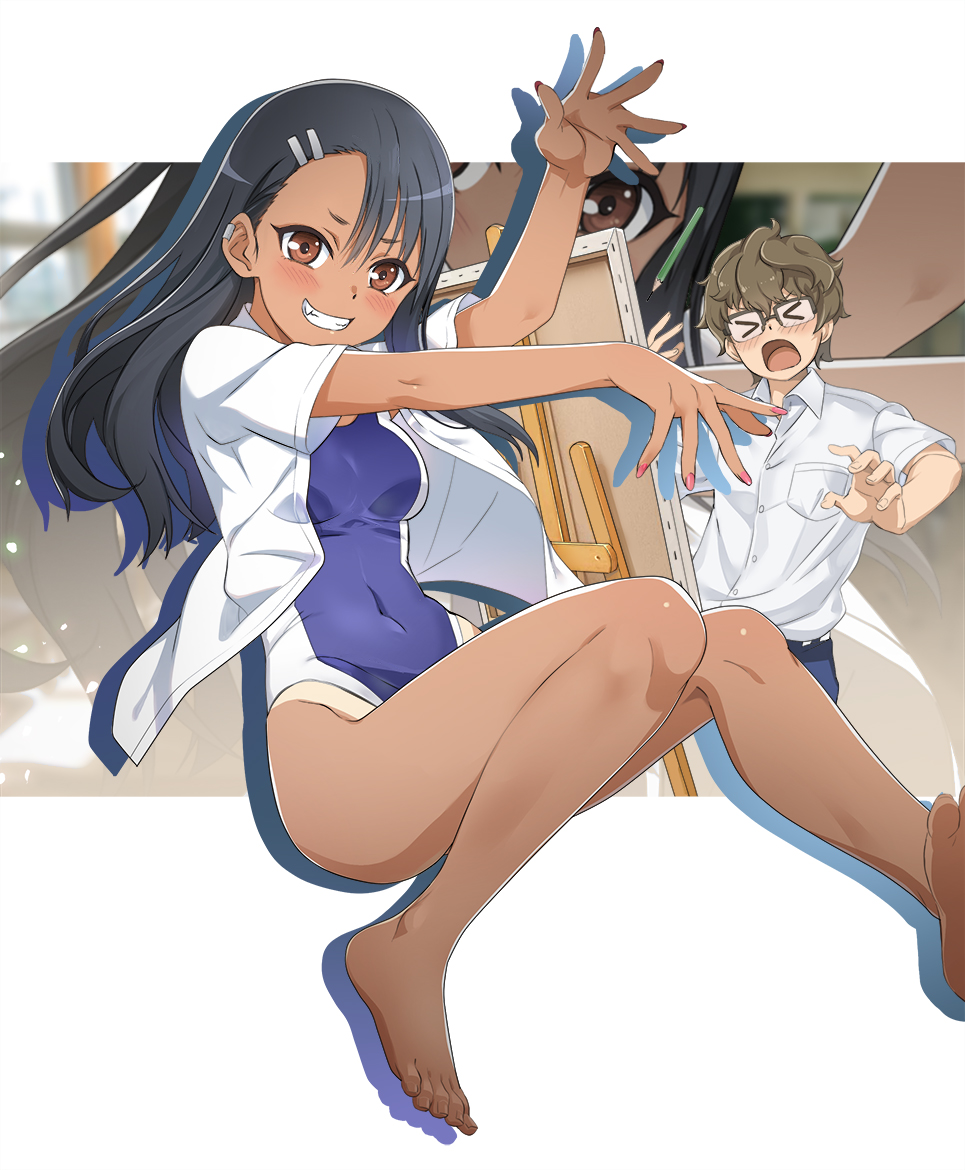 1boy 1girls black_hair breasts brown_eyes brown_hair clothed clothing earrings female hayase_nagatoro hi_res highres human human_only long_hair looking_at_viewer naoto_hachioji_(senpai) navel nyoronyan open_mouth please_don't_bully_me,_nagatoro pose revealing_clothes short_hair simple_background small_breasts smile swimsuit tan tan-skinned_female tan_body tan_skin tanned tanned_female