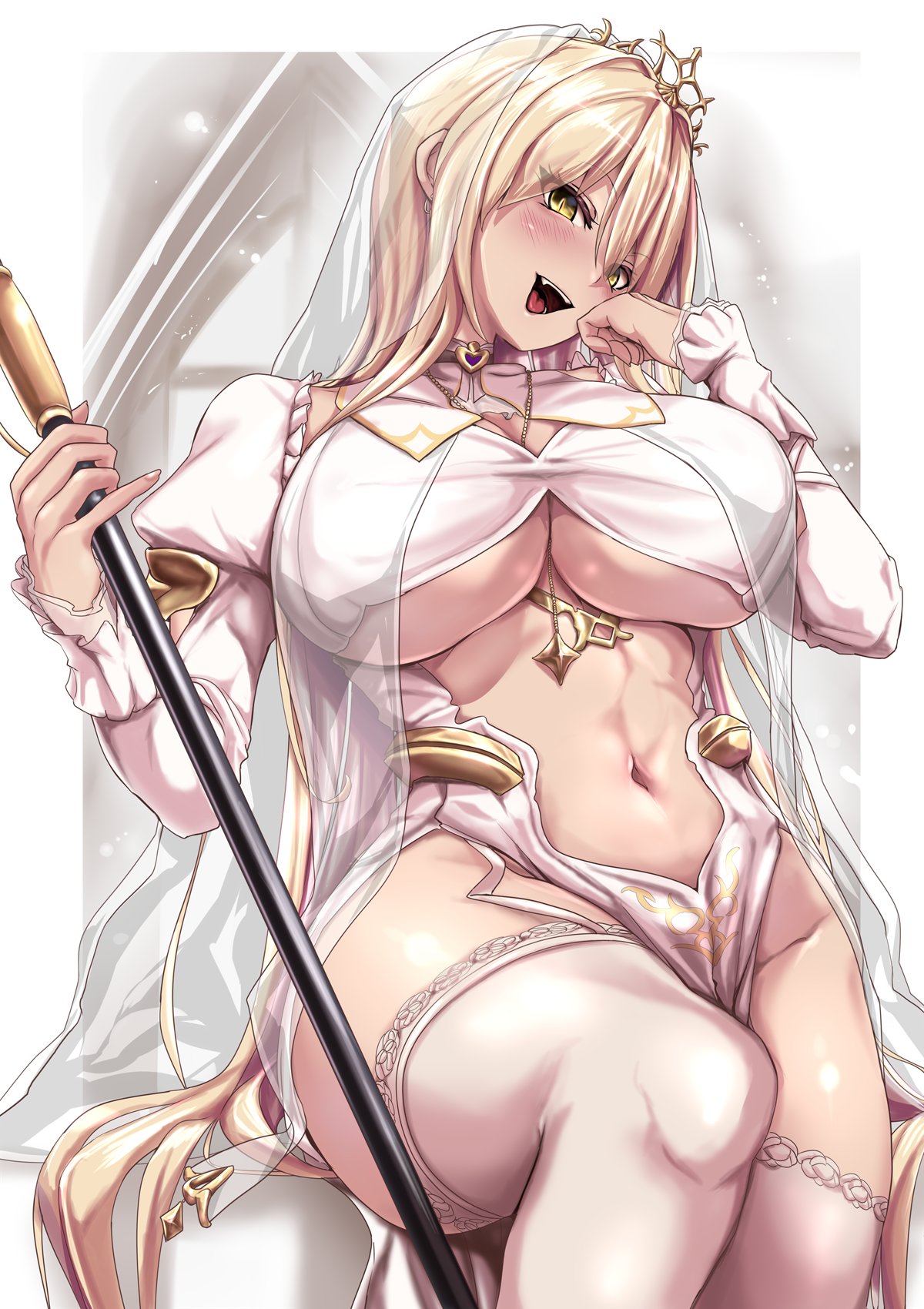 1girls alternate_costume belly_button breasts crown female female_only huge_breasts legwear light-skinned_female light_skin lounging nijisanji nui_sociere royalty scepter sitting solo thick_thighs underboob veil virtual_youtuber wide_hips yaruku